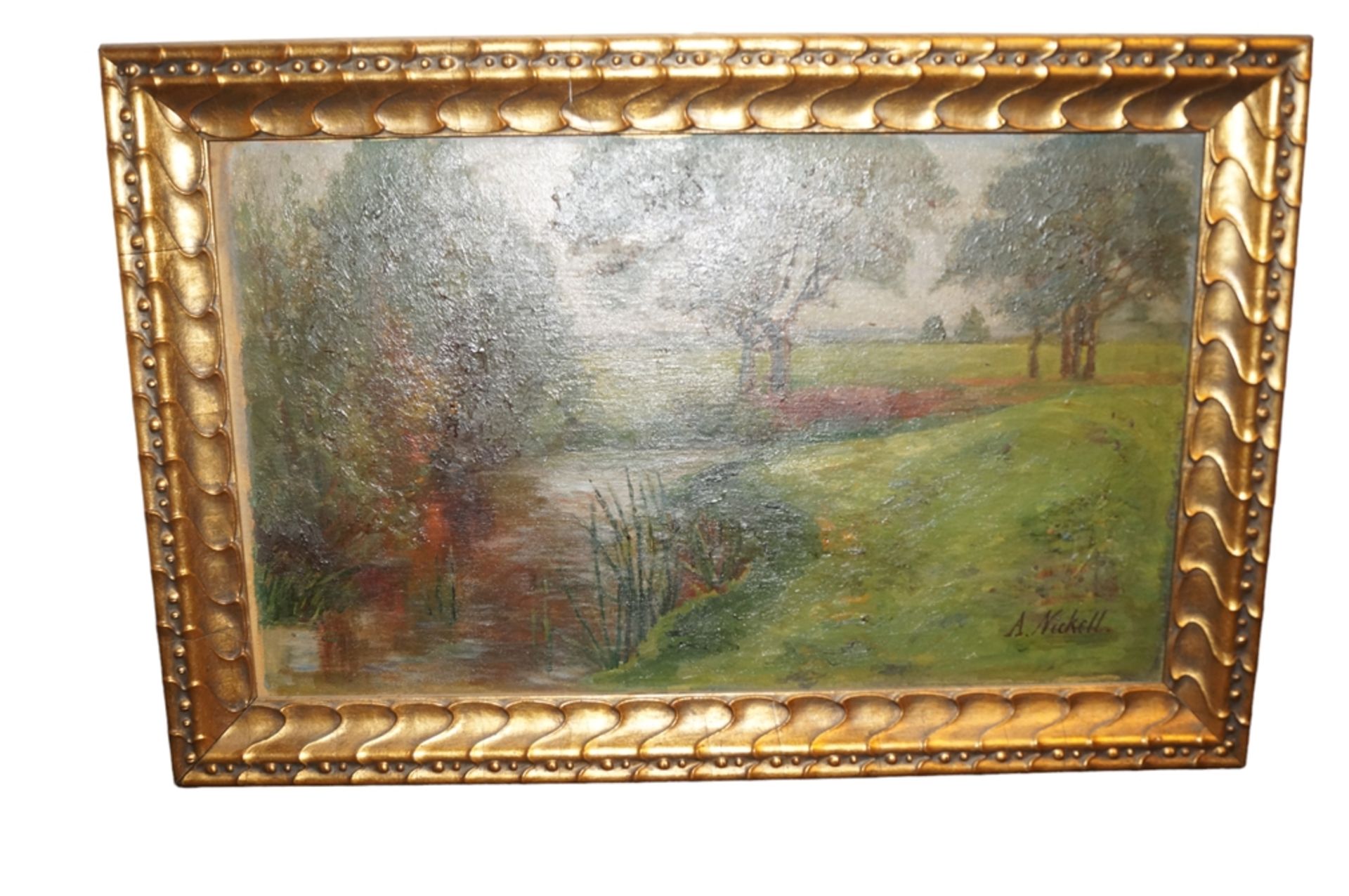 Altes Ölbild mit Darstellung einer sommerlichen Flusslandschaft; u.r. Signiert "A. Nickell"; rückse - Bild 2 aus 5