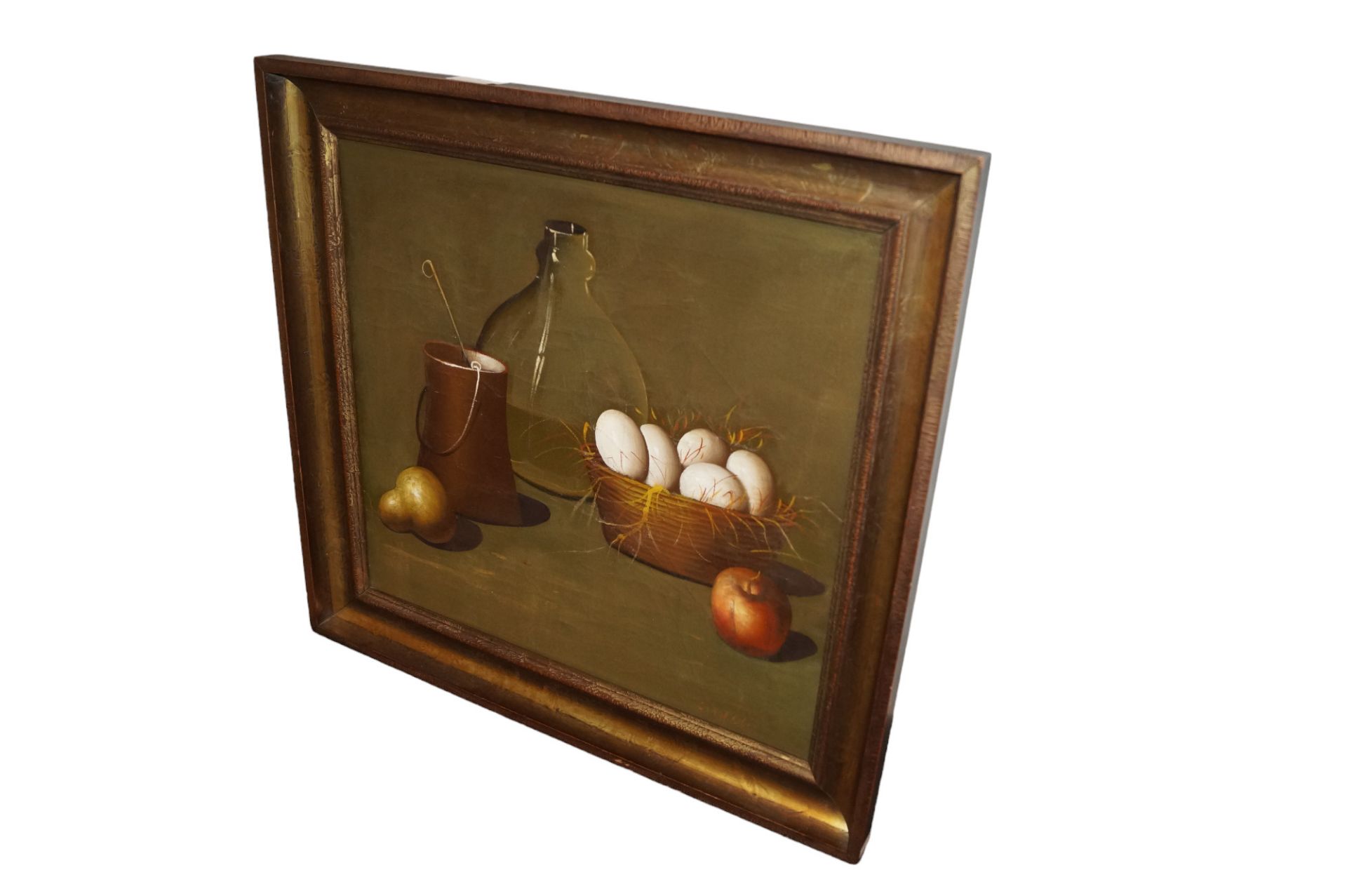 Ausgefallenes Stillleben mit Darstellung von Eiern, Obst und etwas Beiwerk; u.r. unleserlich signie - Bild 2 aus 3