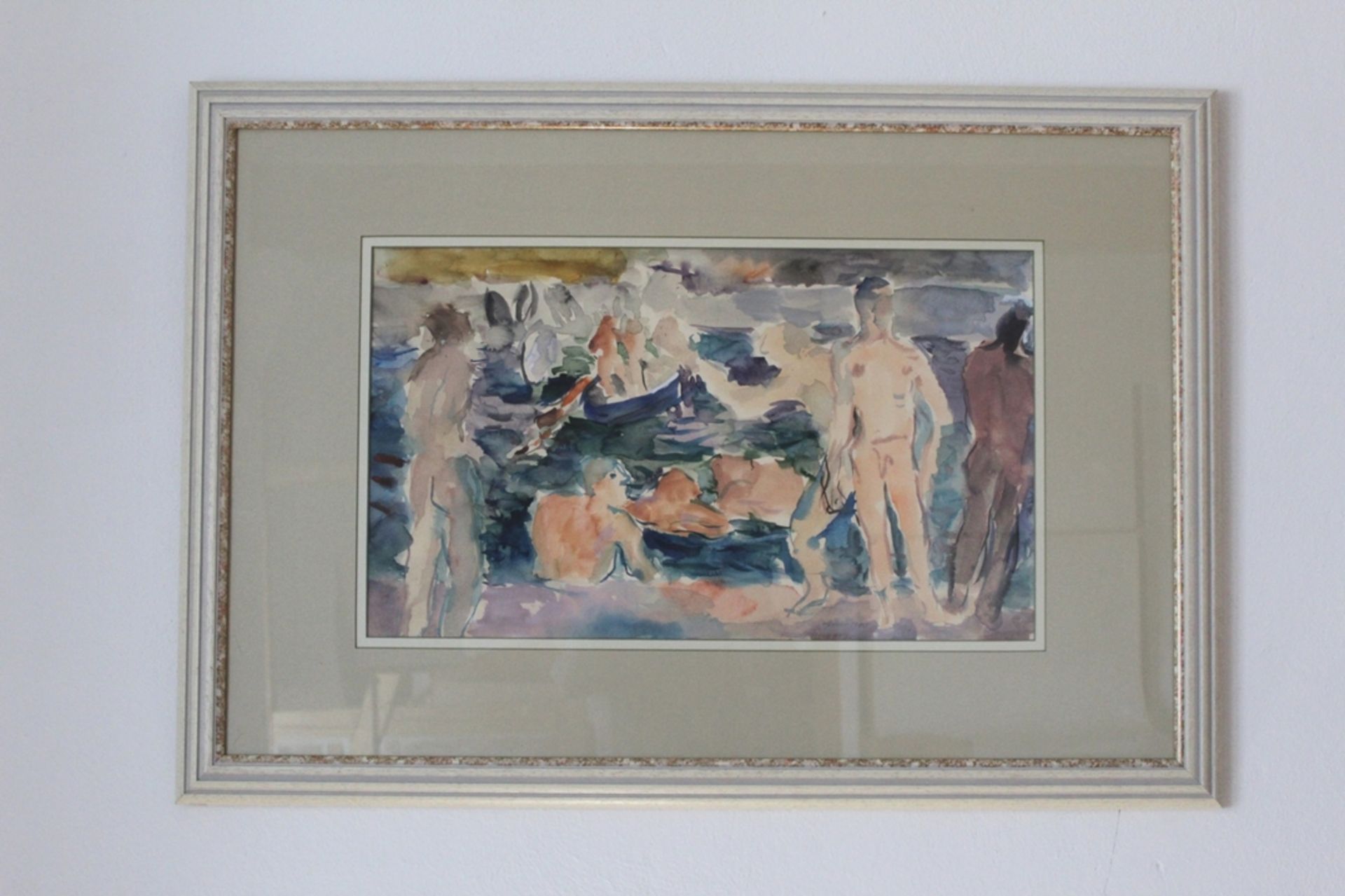 Aquarell "Badende", Künstler: Manfred Henninger, 1894-1986,  Gerahmt unter Glas; Maß mit Rahmen ca.
