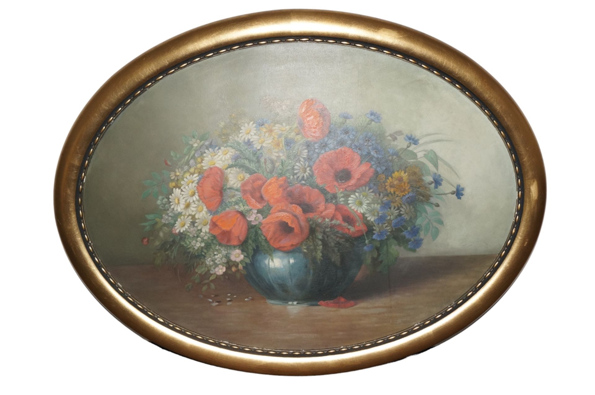 Klassisches Blumenstillleben mit Darstellung verschiedener Wiesenblumen in einer bauchigen Vase; da