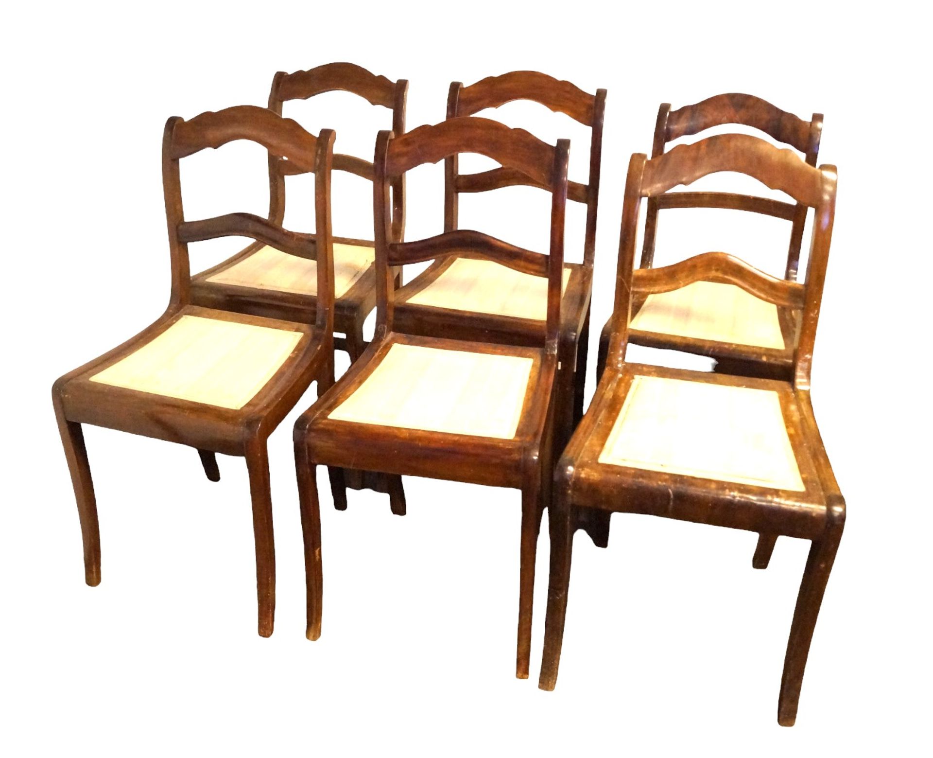 6 Stühle im Biedermeierstil; wohl um 1890; Nussbaum, teilmassiv; Sitzflächen gepolstert und überwie - Bild 2 aus 4
