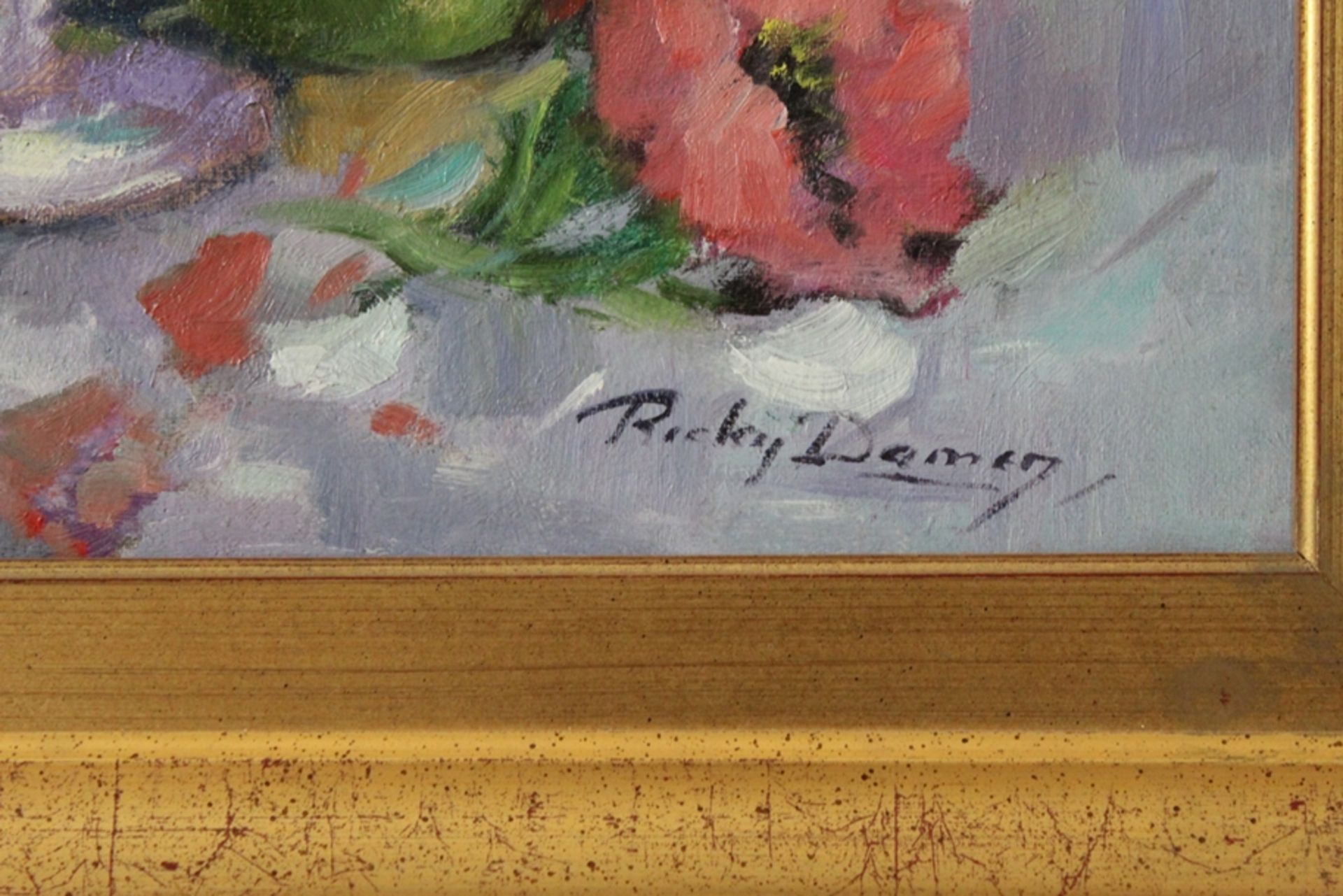 Gemälde "Blumen", Künstler: Ricky Damen, Öl auf Leinwand, Maß mit Rahmen ca.: HxB 75x65cm; Maß Bild - Bild 2 aus 4