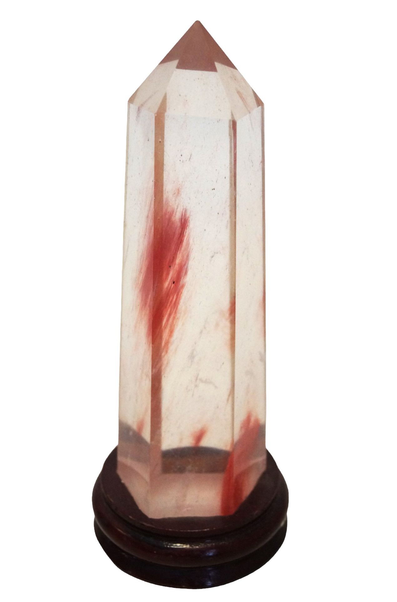 6-kantige, als Kristall geschliffene Glassäule mit leichten roten Schlieren als Einschluss; auf Hol - Bild 2 aus 2