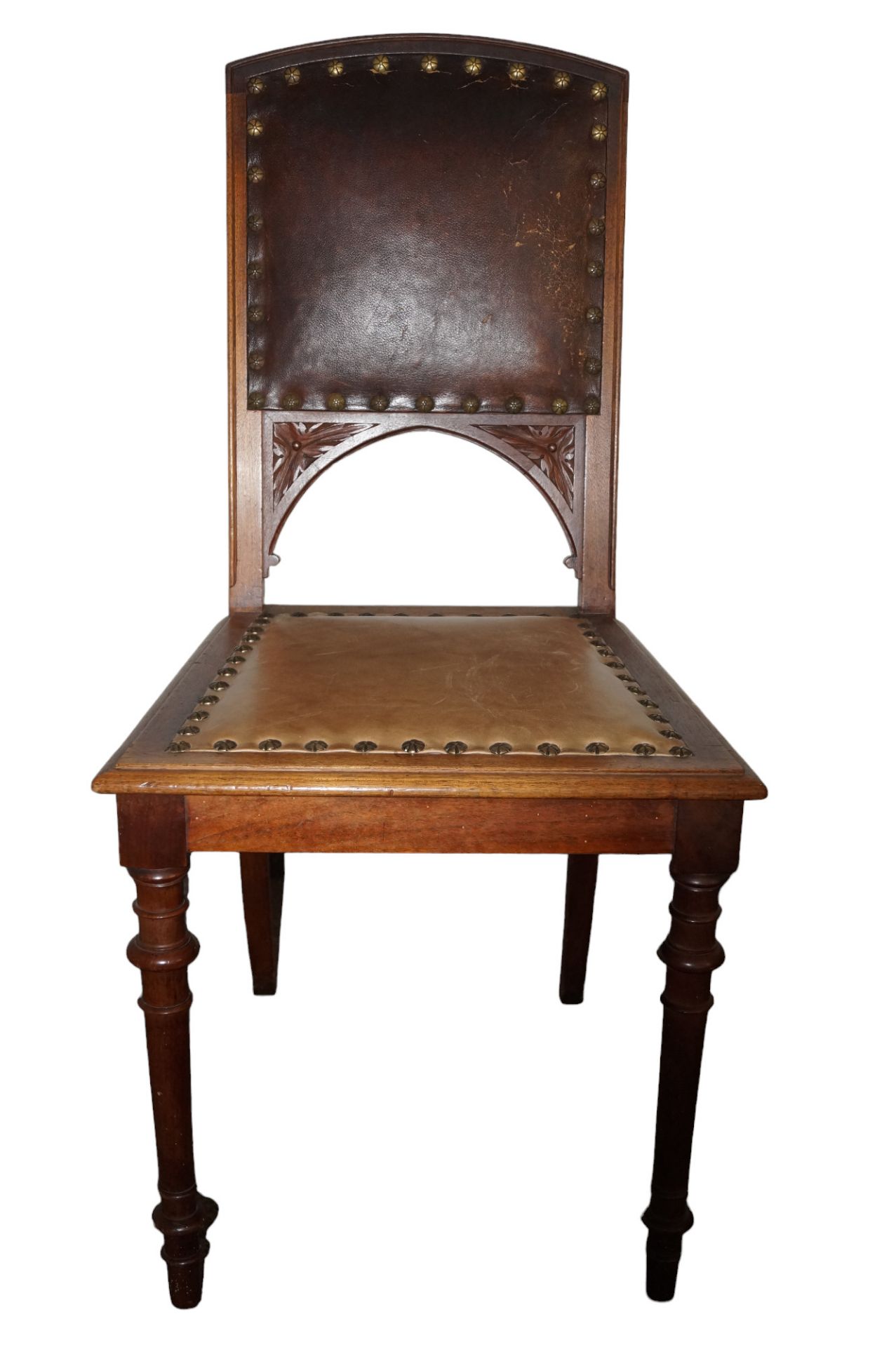 Sechs Stühle aus der Zeit um 1890; Sitz- und Rückenflächen mit Leder bezogen, dieses im Rückenberei - Bild 3 aus 6