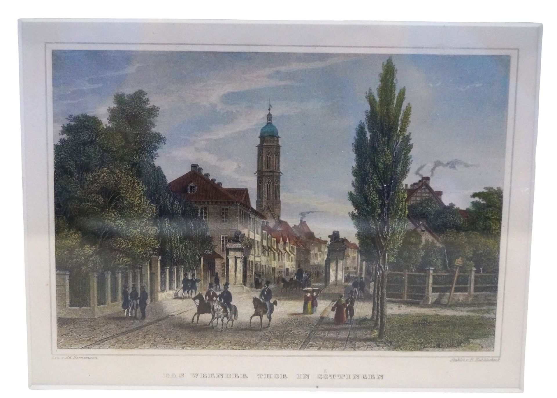 Kolorierter Stahlstich "Das Weender Tor in Göttingen" von E. Hablitscheck; gedruckt von Ad. Hornema