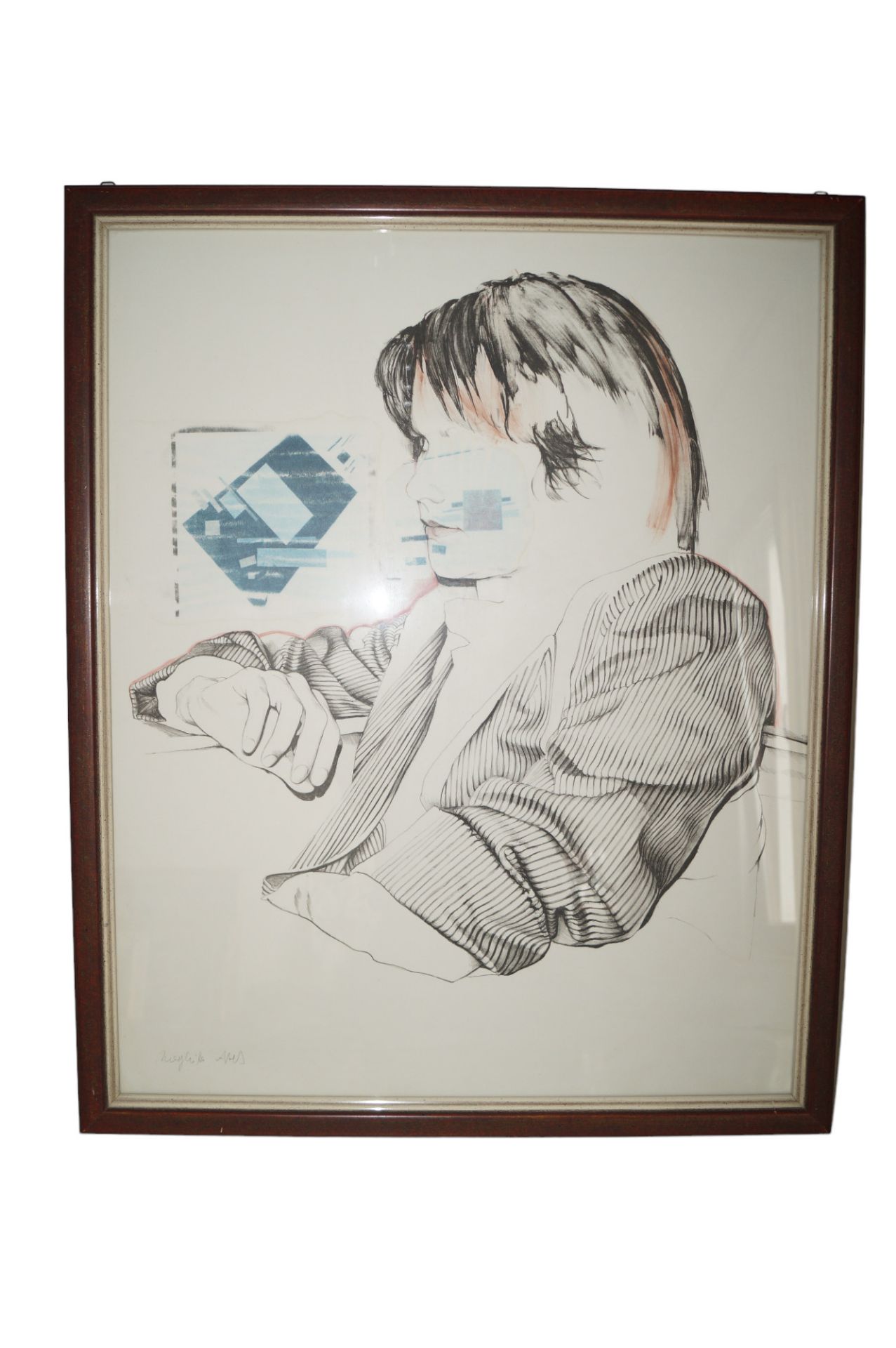 Seltene Lithographie von Margitta Abels; Darstellung einer wohl auf die Uhr sehenden Person mit Pro