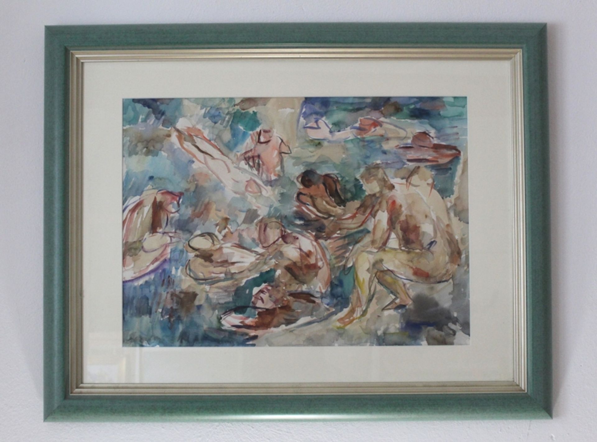 Aquarell "Badende 1964", Künstler: Manfred Henninger, 1894-1986, Gerahmt unter Glas,  Maß mit Rahme