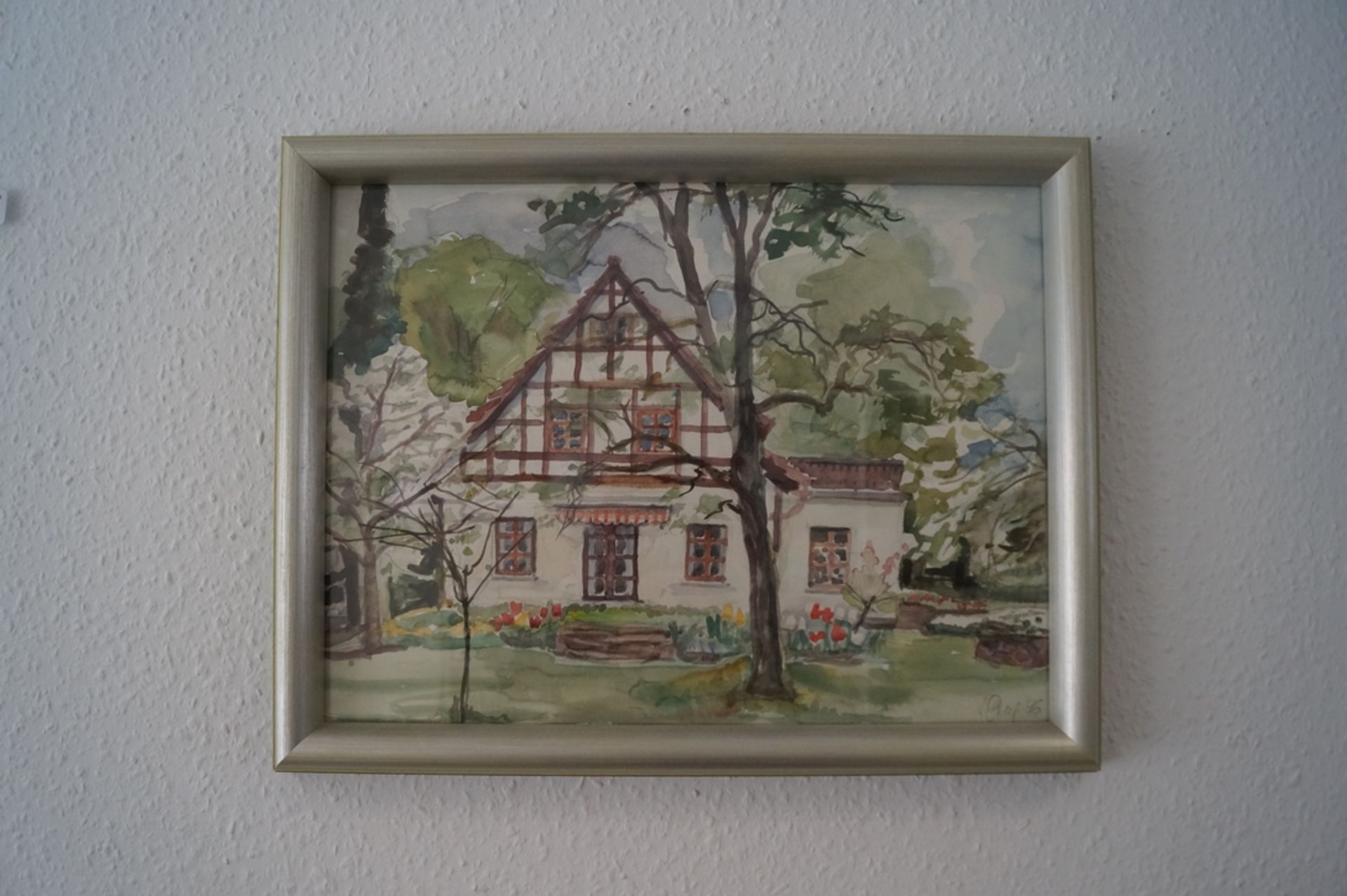 Aquarellzeichnung frontale Ansicht eines Hauses am Waldrand; unbezeichnet; Rückseitig Hinweis "Nott