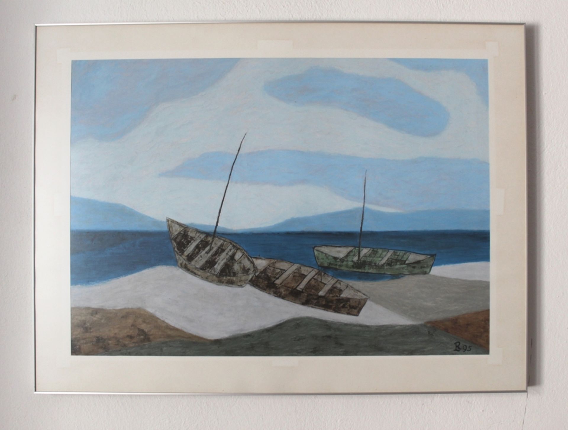 Gemälde "Boote am Strand - 95", Künstler: Leopold Reiser-Vaney, Öl auf Leinwand, Gerahmt unter Glas