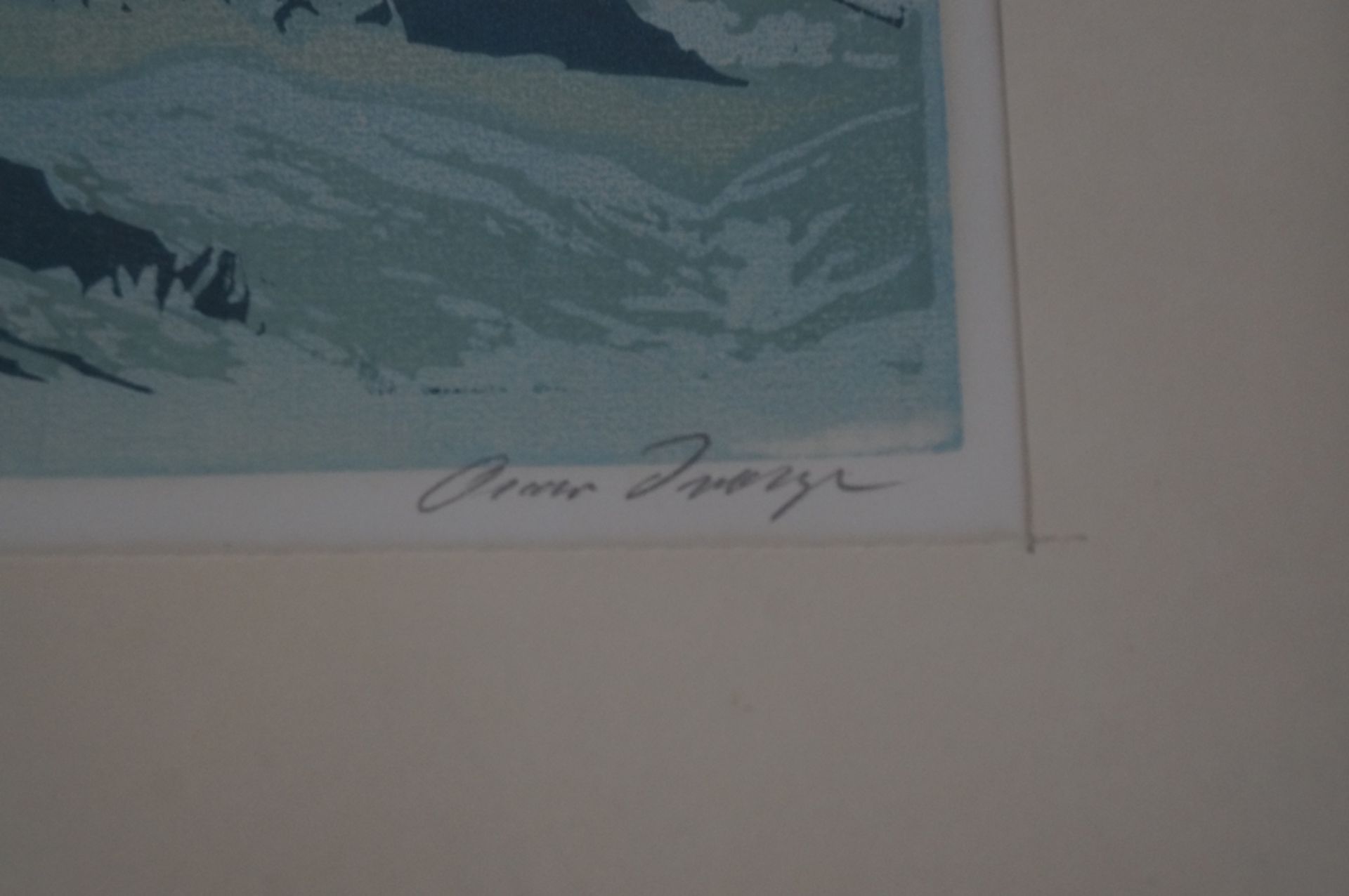 Farbholzschnitt von Oscar Droege; Darstellung einer Tannengruppe im Gebirge; u.r. Namenszug ansonst - Bild 2 aus 3