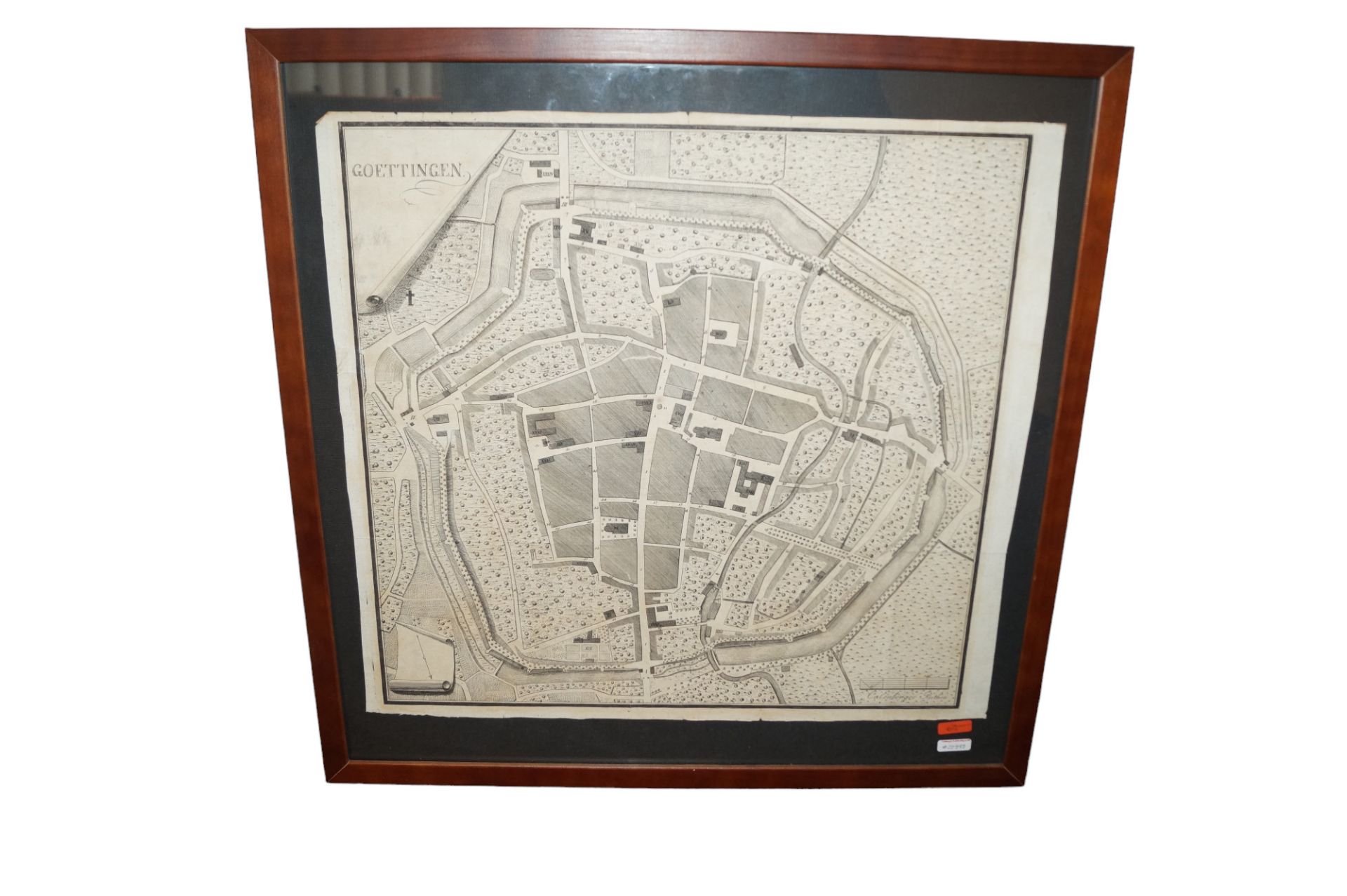 Seltener, quadratischer Kupferstich des Stadtkerns von Göttingen; Darstellung des Stadtkerns mit Wa
