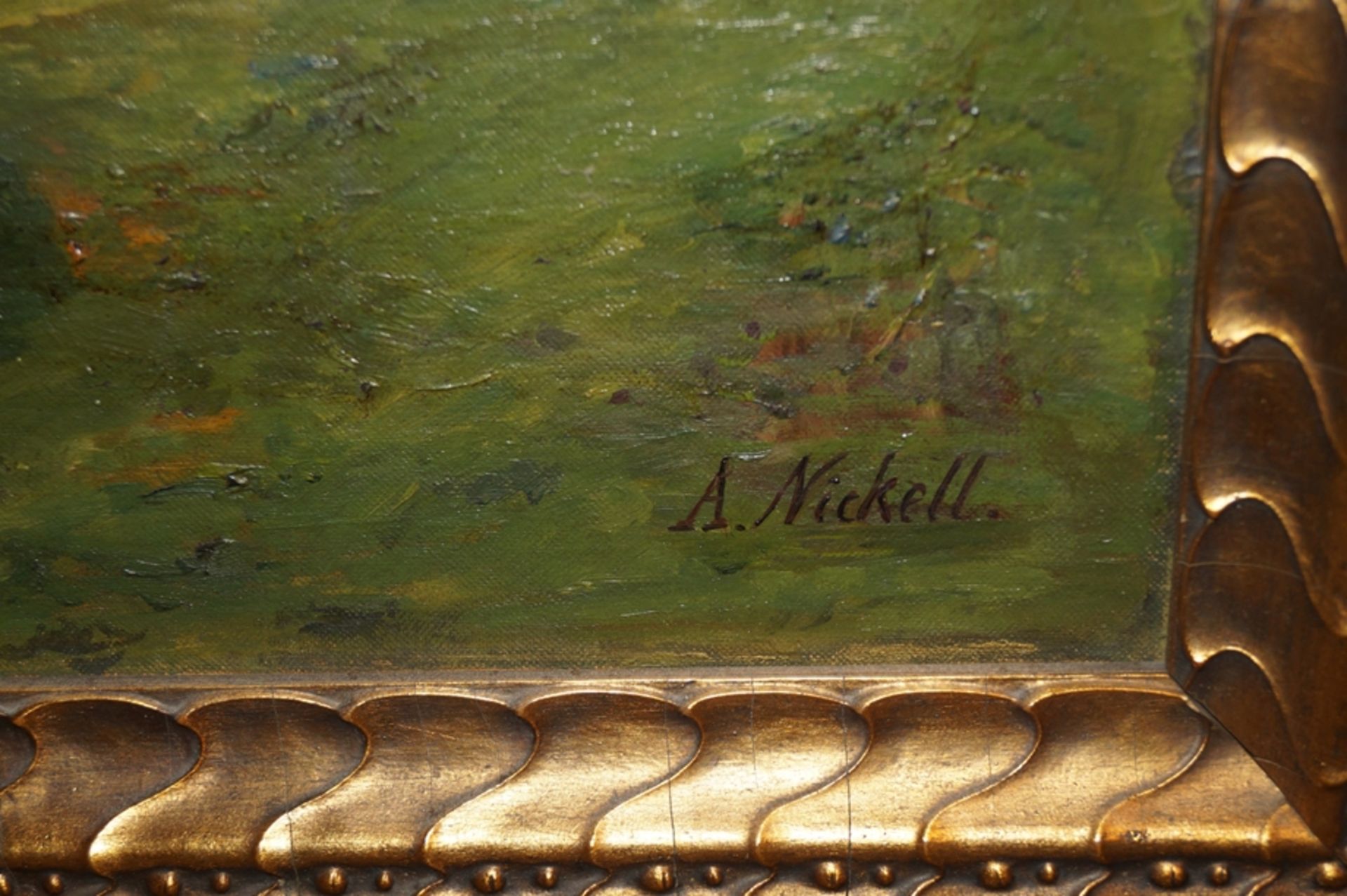Altes Ölbild mit Darstellung einer sommerlichen Flusslandschaft; u.r. Signiert "A. Nickell"; rückse - Bild 3 aus 5