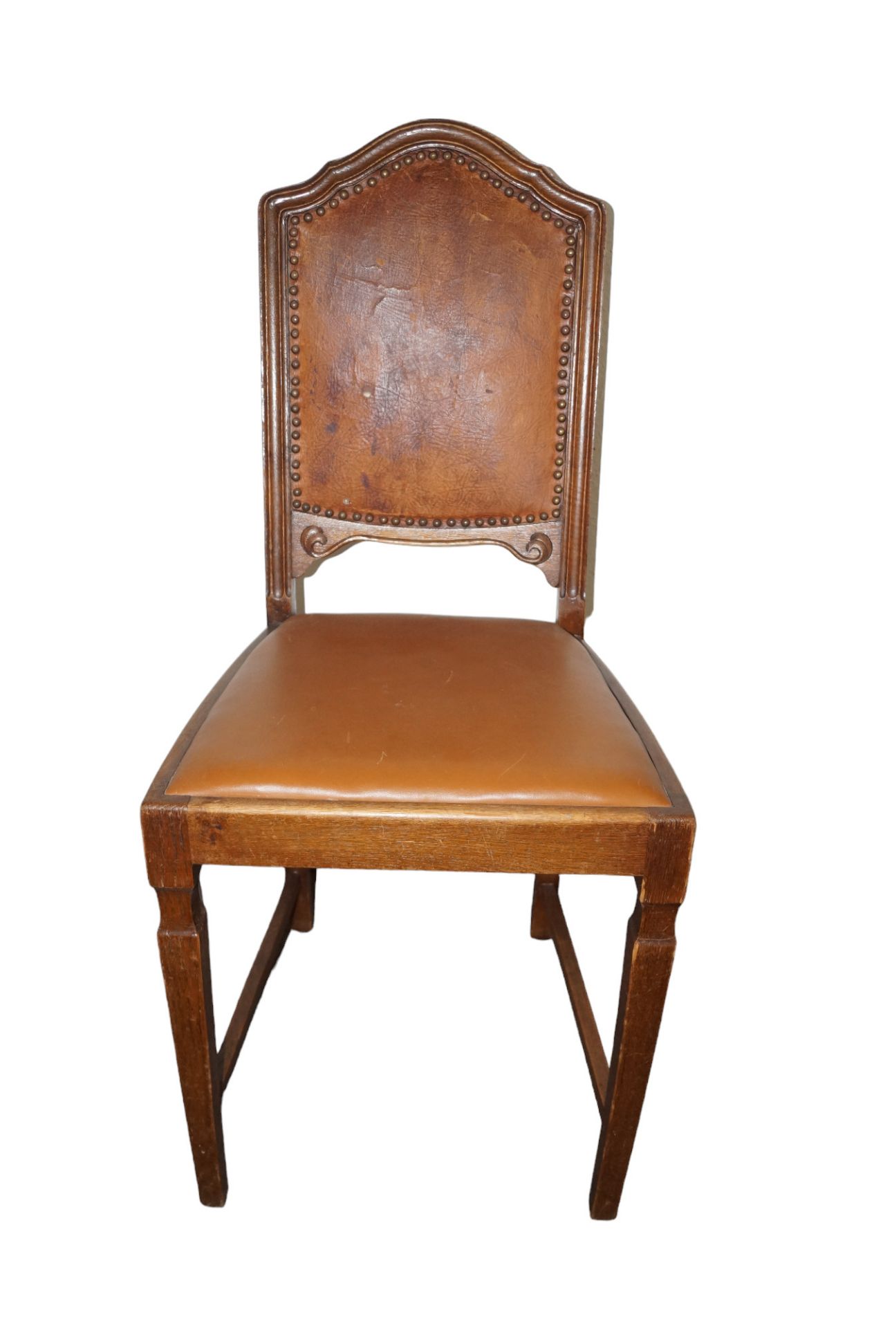 Vier Stühle aus der Zeit um 1900; Sitz- und Rückenflächen mit Leder bezogen, dieses alt und partiel - Bild 5 aus 5