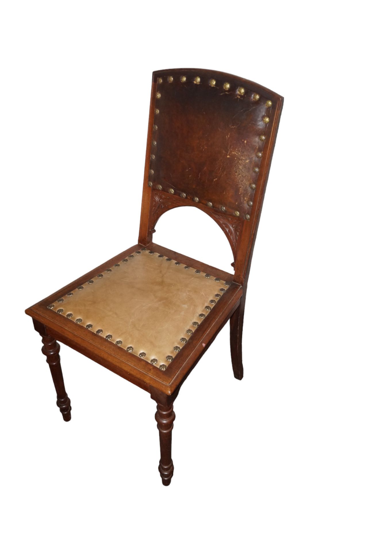 Sechs Stühle aus der Zeit um 1890; Sitz- und Rückenflächen mit Leder bezogen, dieses im Rückenberei - Bild 4 aus 6