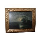 Ausdrucksvolles Ölbild mit Ansicht einer nächtlichen Seeufer Landschaft im Mondschein; dunkle Darst