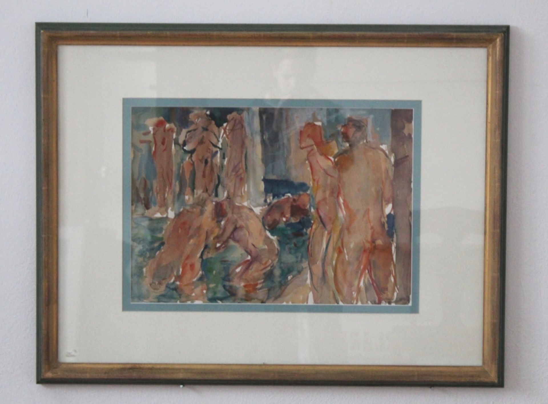 Aquarell "Badende 2", Künstler: Manfred Henninger, 1894-1986, Gerahmt unter Glas, Rahmen: G. Fische