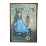 Surrealistisches Ölbild mit kindlich naiver Darstellung eines Mannes in einem Propellergefährt; woh