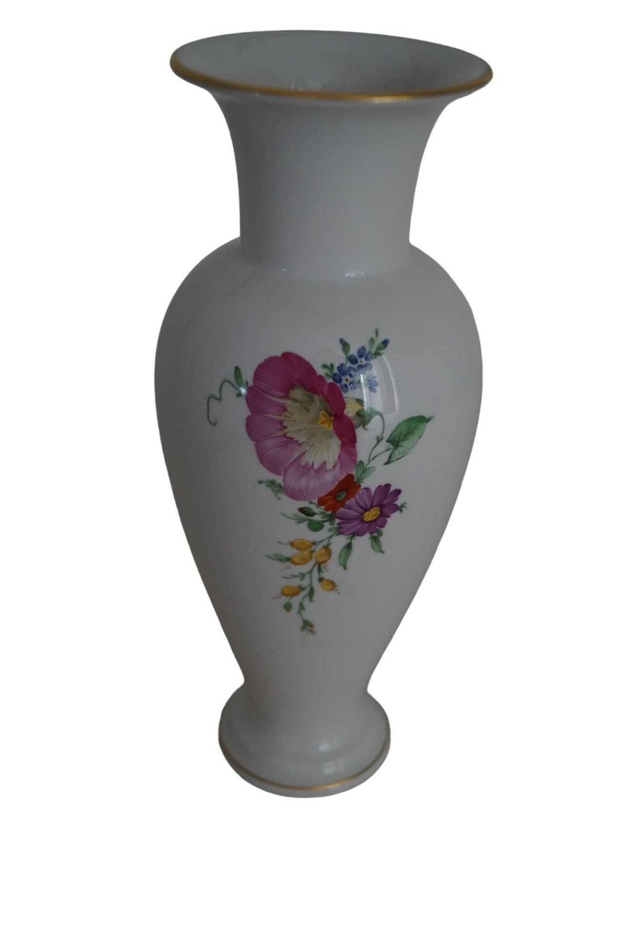 KPM-Berlin; klassische "Juventute" Vase in weiß mit umlaufendem Goldrand sowie Blumendekor; guter Z