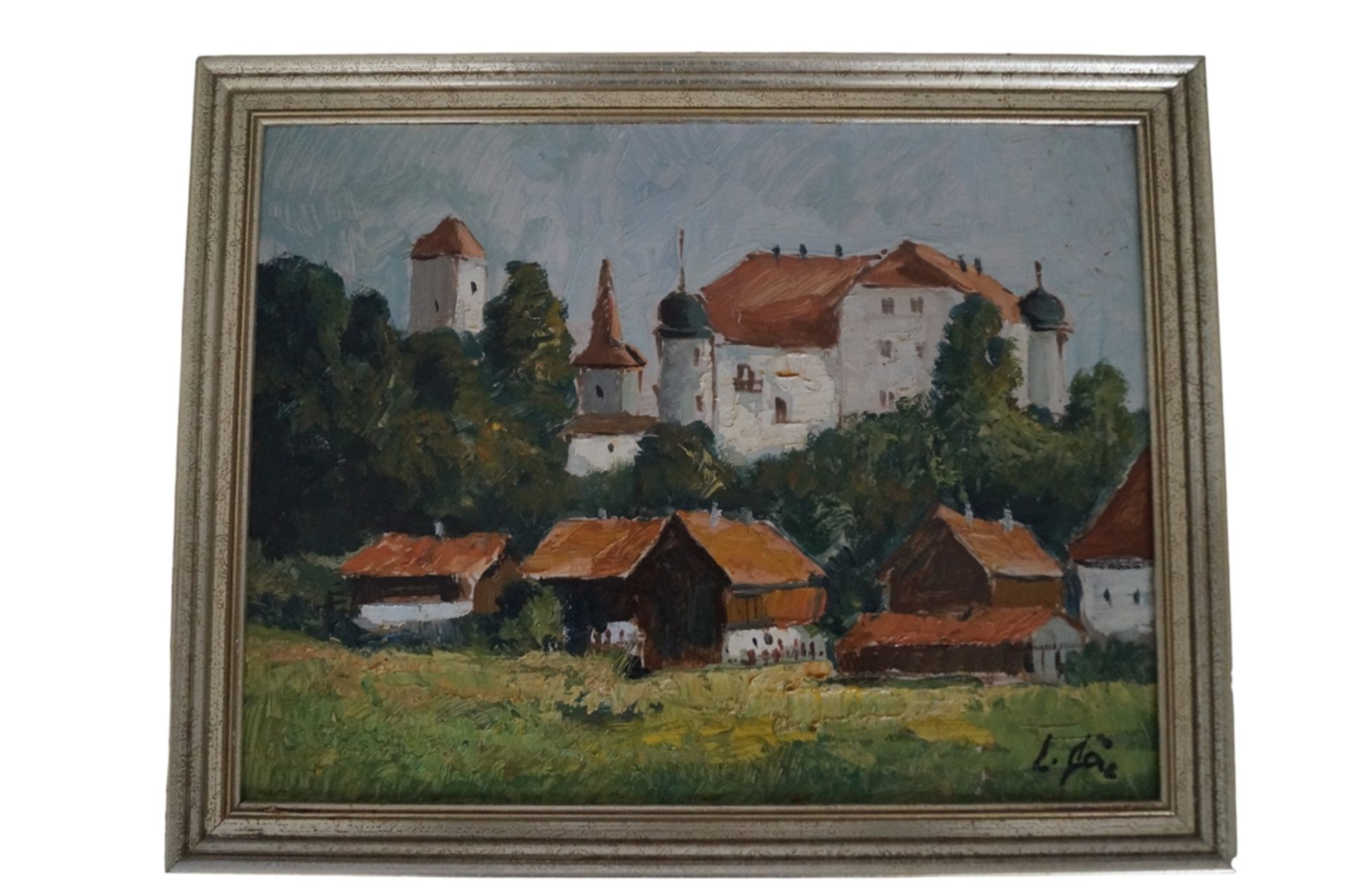 Ölbild "Schloss Unterreinfels"; Öl auf Hartfaser; u.r. unleserlich bezeichnet; Größe ca. BxH 39x30c