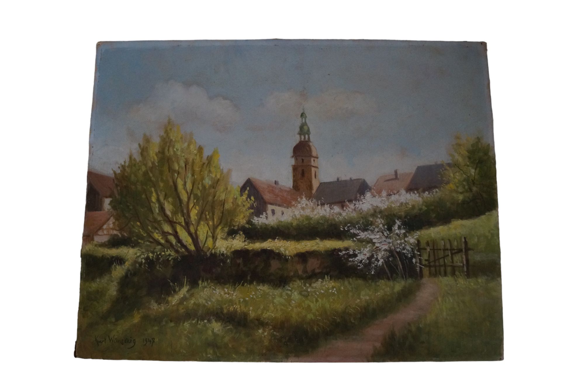 Ölbild "Marienkirche in Belzig ; Mark"; Öl auf Malkarton; u.l. bez. "Kurt Wünschig 1947"; Größe ca.