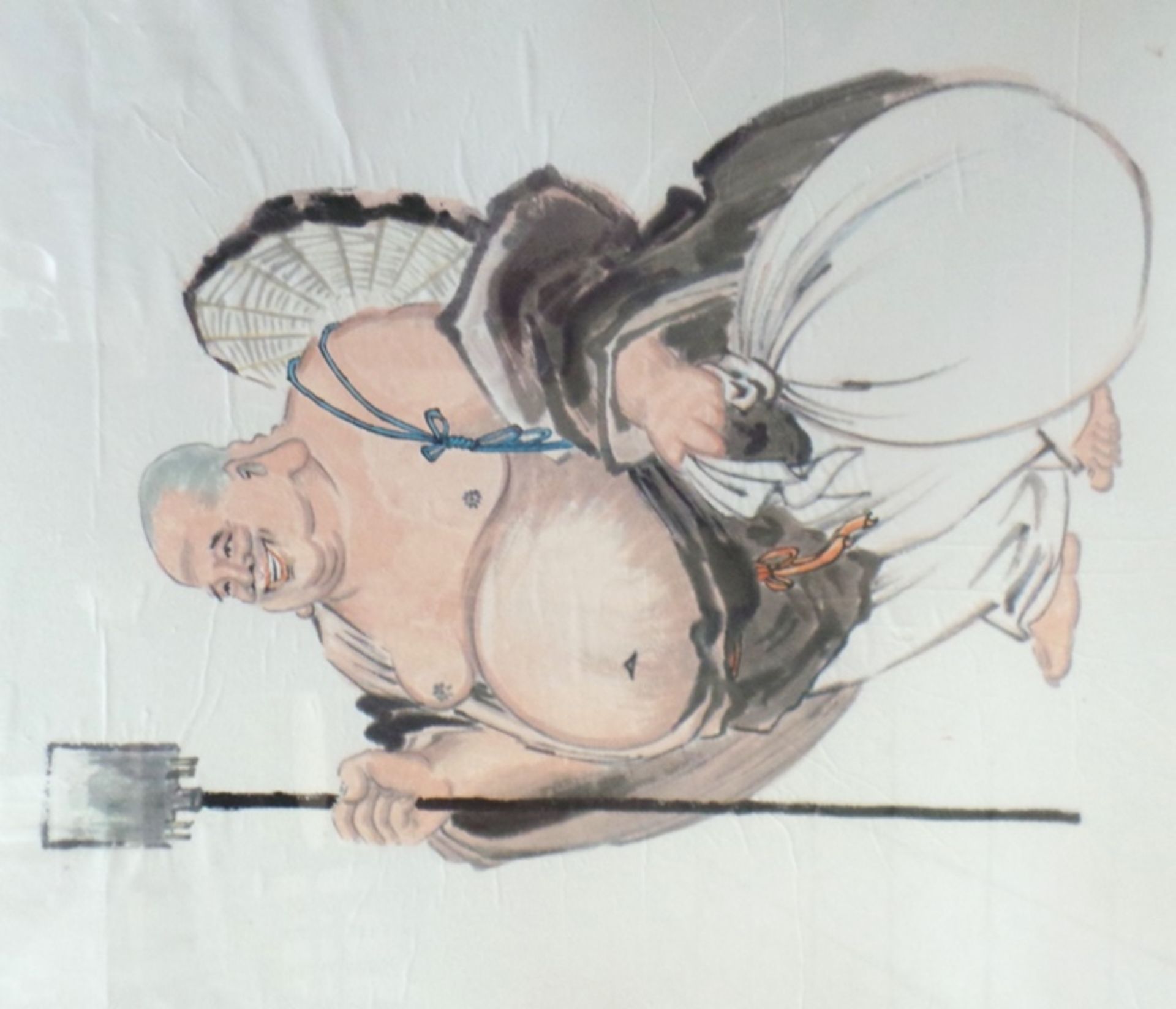 Älterer, gerahmter Holzschnitt mit asiatischem Motiv in Darstellung wohl eines Buddha-Mönch auf Wan - Bild 3 aus 4
