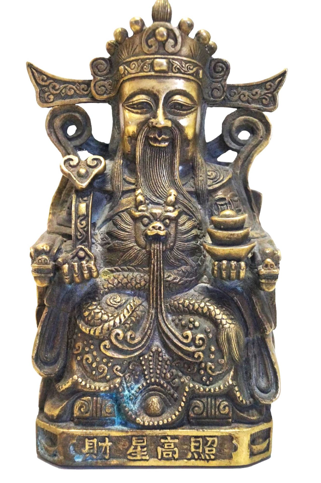 Feng Shui CAI Shen-Statue; chinesische Sitzstatue des Gottes des Reichtums; umlaufend Symbole, Orna