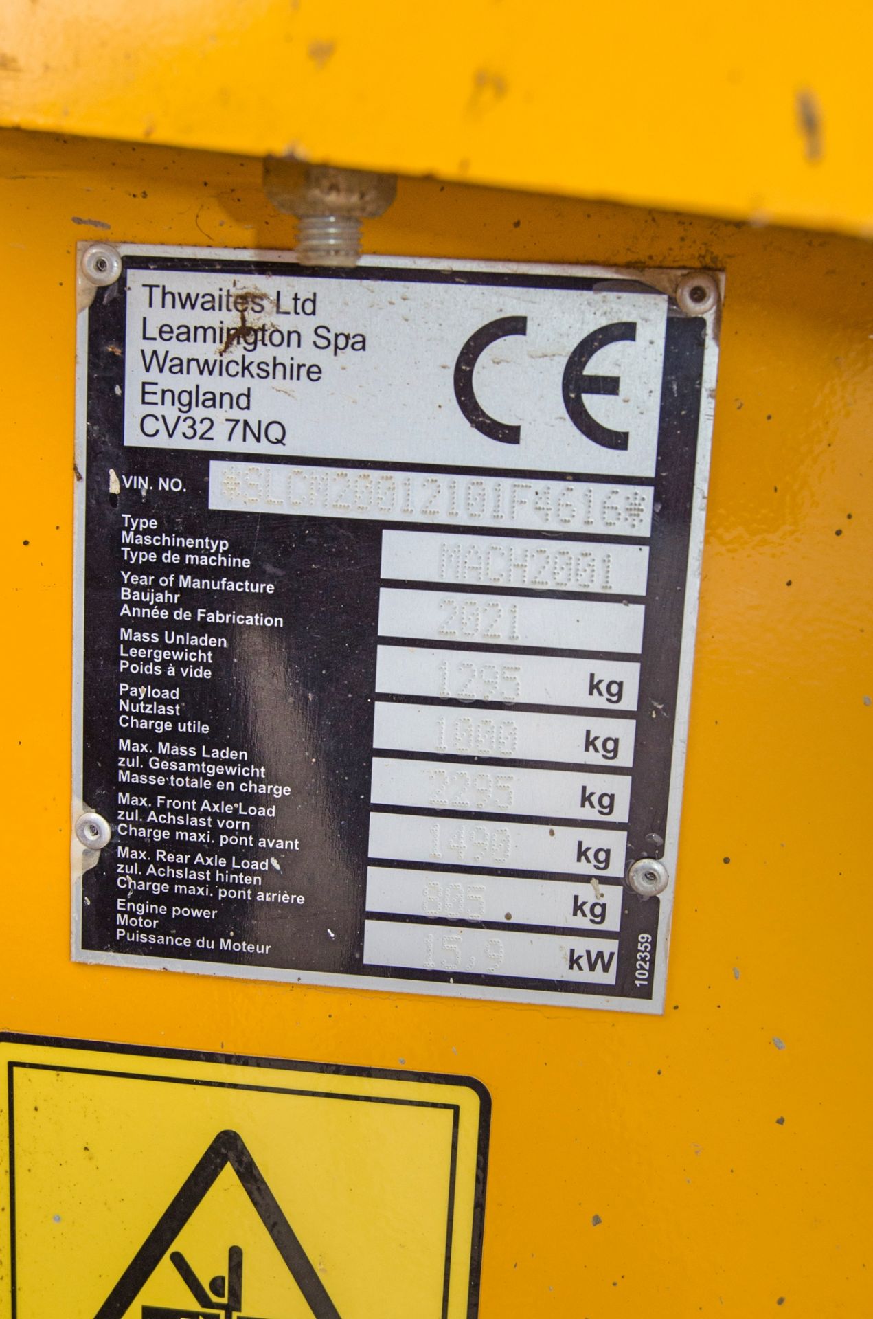 Thwaites 1 tonne hi-tip dumper Year: 2021 S/N: 210F616 Recorded Hours: 389 - Image 22 of 22