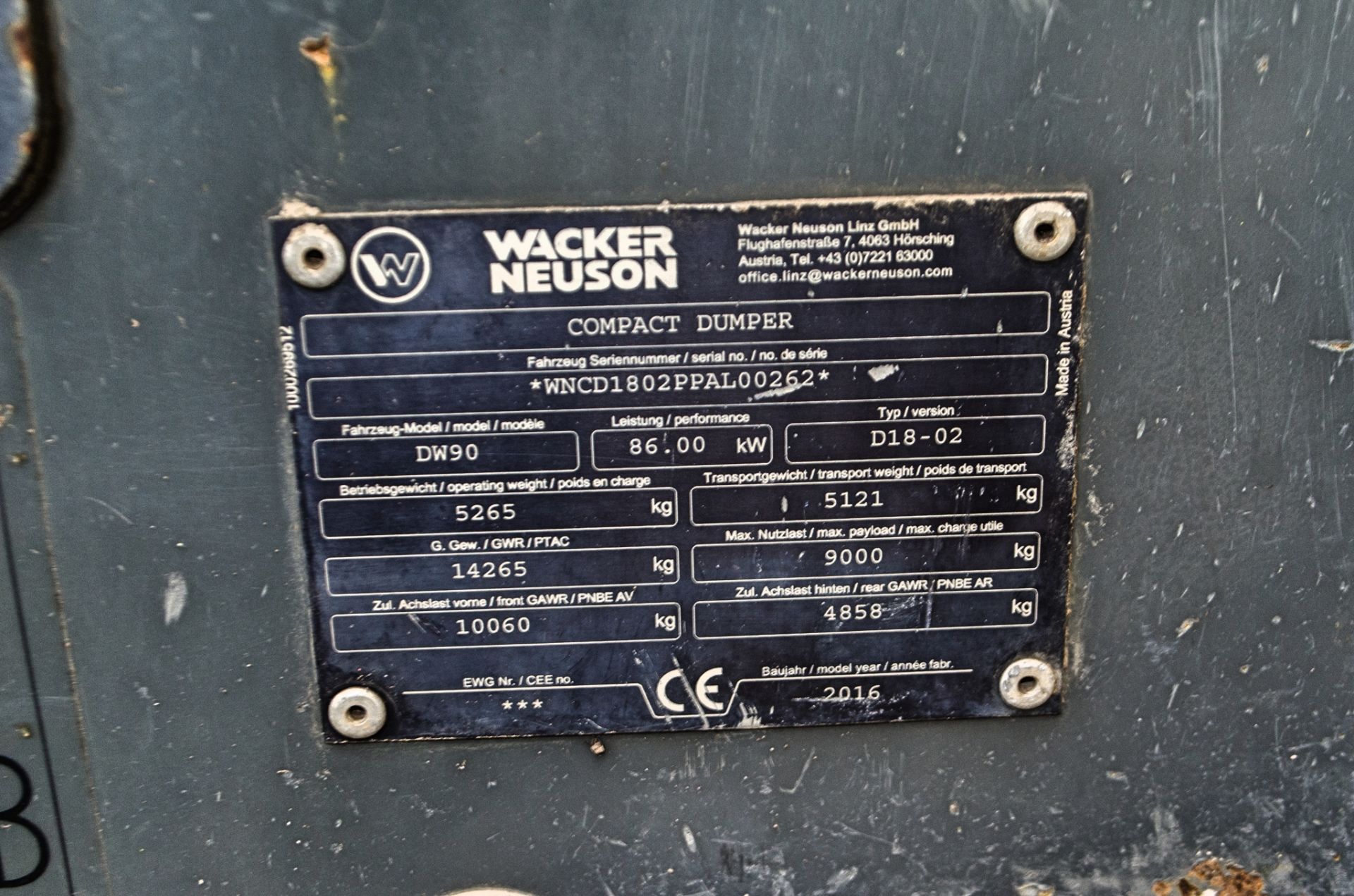 Wacker Neuson DW90 9 tonne straight skip cabbed dumper Year: 2016 S/N: PAL00262 Recorded Hours: 3259 - Image 24 of 24