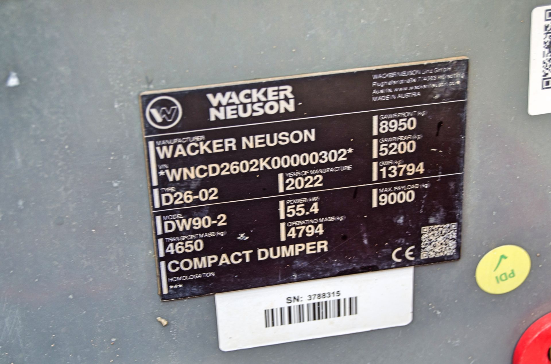 Wacker Neuson DW90 9 tonne straight skip cabbed dumper Year: 2022 S/N: K00000302 Recorded Hours: 502 - Image 22 of 22