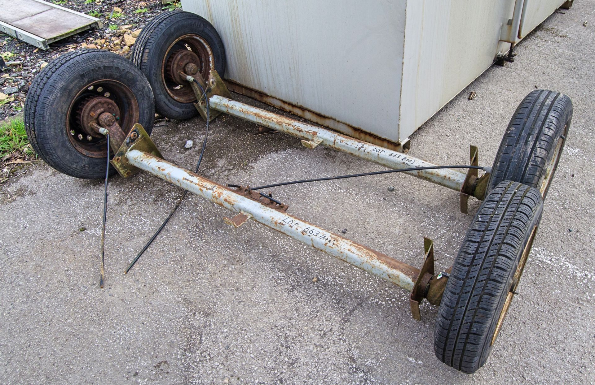 Pair of trailer axles & wheels ** No VAT on hammer but VAT will be charged on buyer's premium **