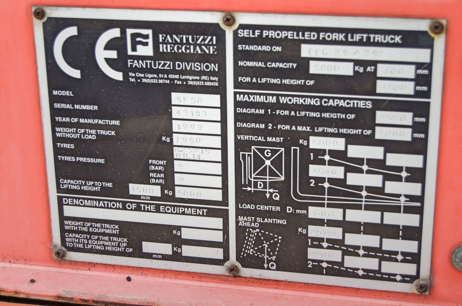 Fantuzzi SF50 5 tonne diesel side loader fork lift truck Year: 1999 S/N: 43183 Recorded Hours: - Image 24 of 24