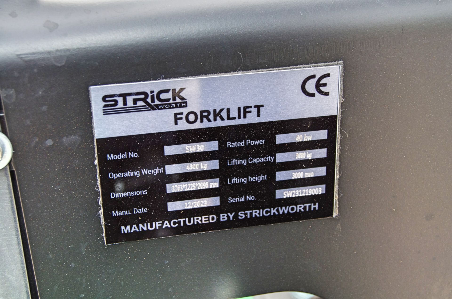 Strickworth CPCD30 3 tonne diesel fork lift truck Date of Manufacture: December 2023 S/N: 31219003 - Image 21 of 21