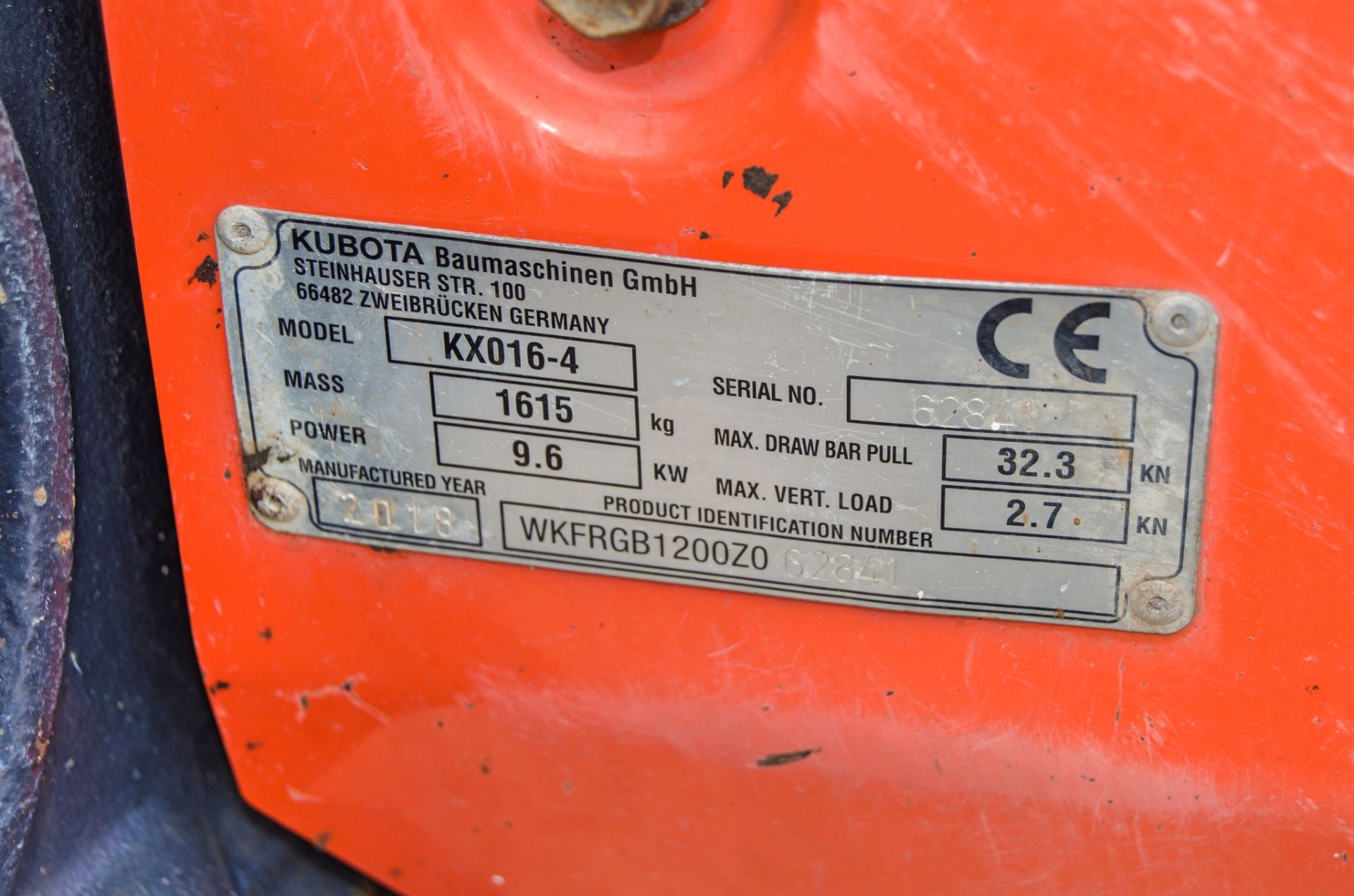Kubota KX016-4 1.5 tonne rubber tracked mini excavator Year: 2018 S/N: ZO62841 Recorded Hours: - Image 26 of 26