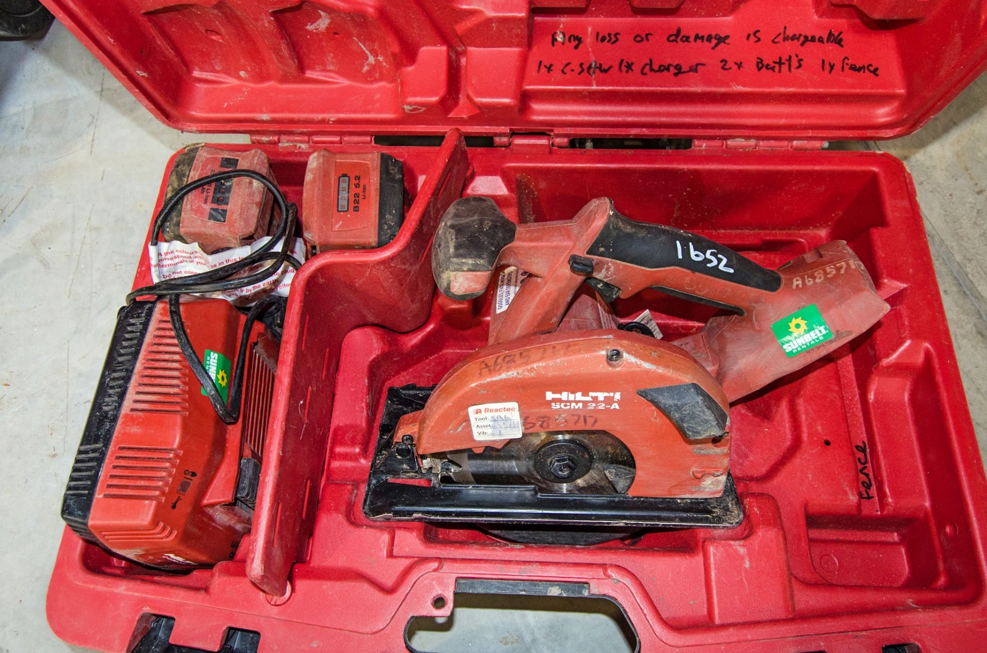 Hilti SCM22-A 22v cordless circular saw c/w 2 - batteries, charger and carry case A685717
