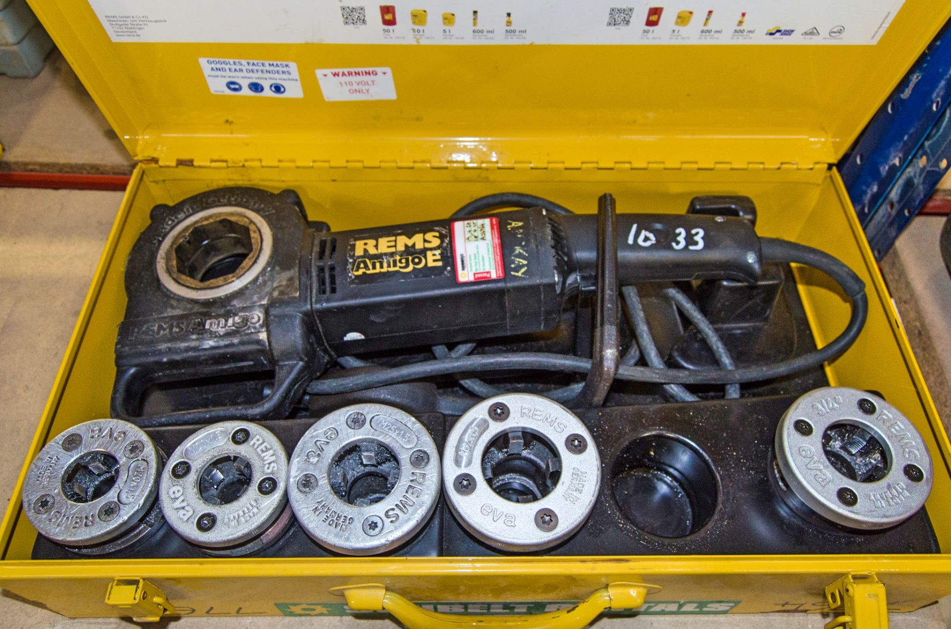 Rems Amigo-E 110v pipe threading tool c/w 5 - dies and carry case AS7764