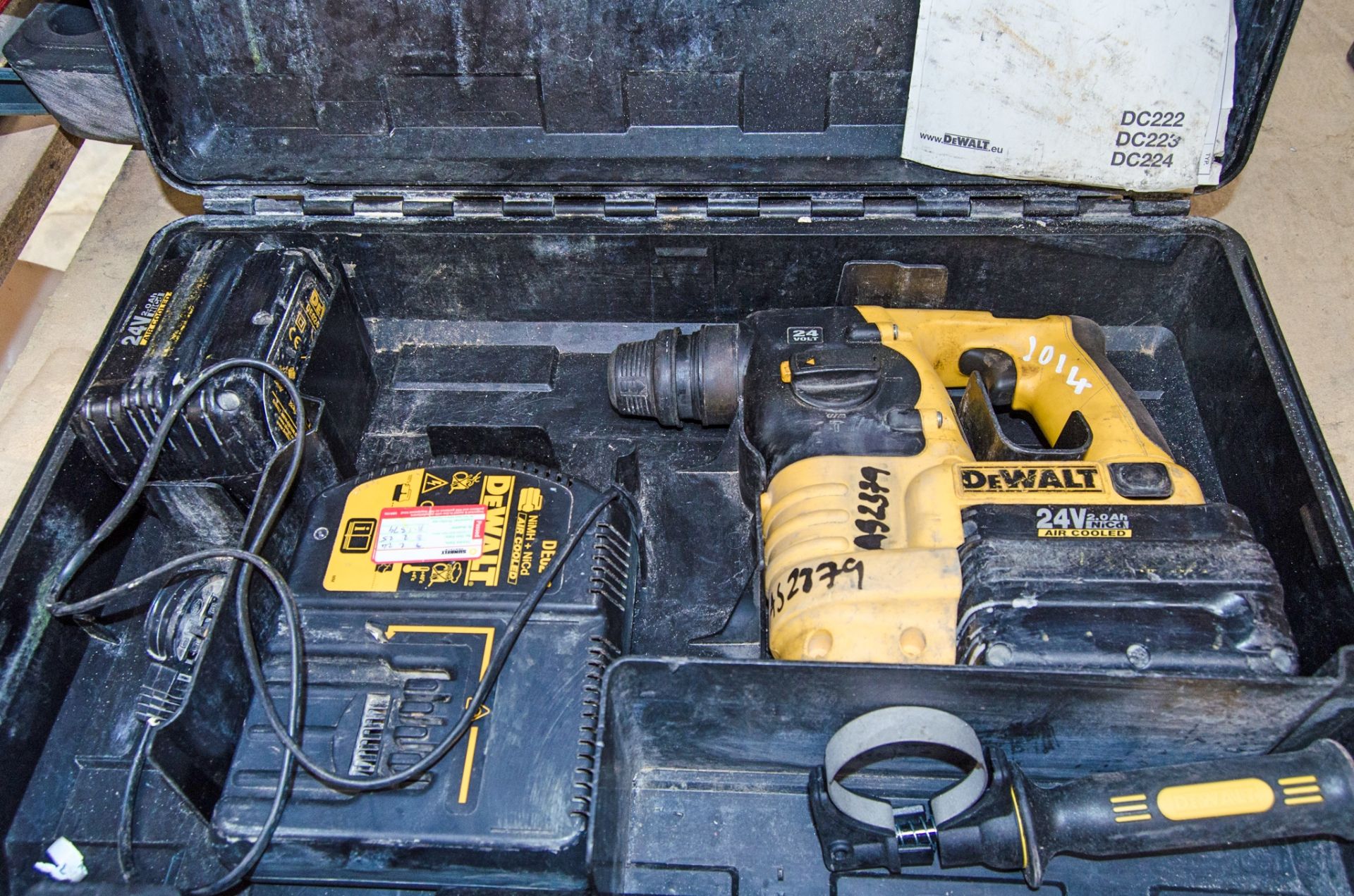 Dewalt DC223 24v cordless SDS rotary hammer drill c/w 2 - batteries, charger and carry case AS2379