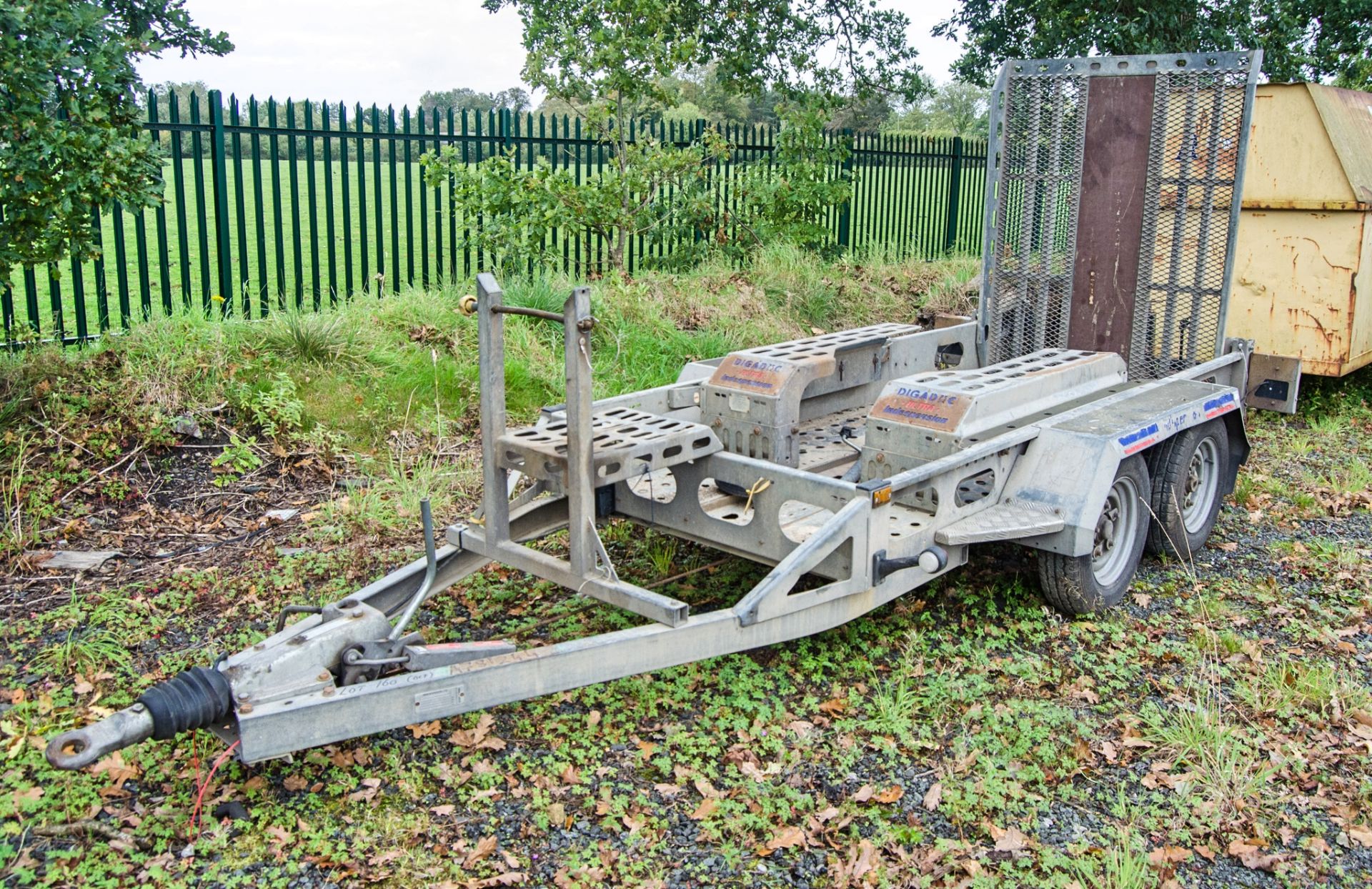 Indespension 8ft x 4 ft tandem axle plant trailer c/w Digadoc excavator docking system S/N: 127622