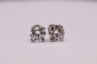 **ON SALE** Round Brilliant Cut 3.00 Diamond Earrings Set in 18kt White Gold - G Colour VS1 Clarity