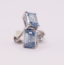 ** ON SALE ** Fancy Blue Emerald Cut 2.02 Carat Diamond 18kt White Gold Earring Set -VS1 Clarity