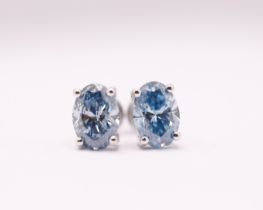 Fancy Blue Oval Cut 2.25 Carat Diamond 18Kt White Gold Earring Set -VS1 Clarity