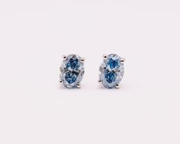 Fancy Blue Oval Cut 2.25 Carat Diamond 18Kt White Gold Earring Set -VS1 Clarity