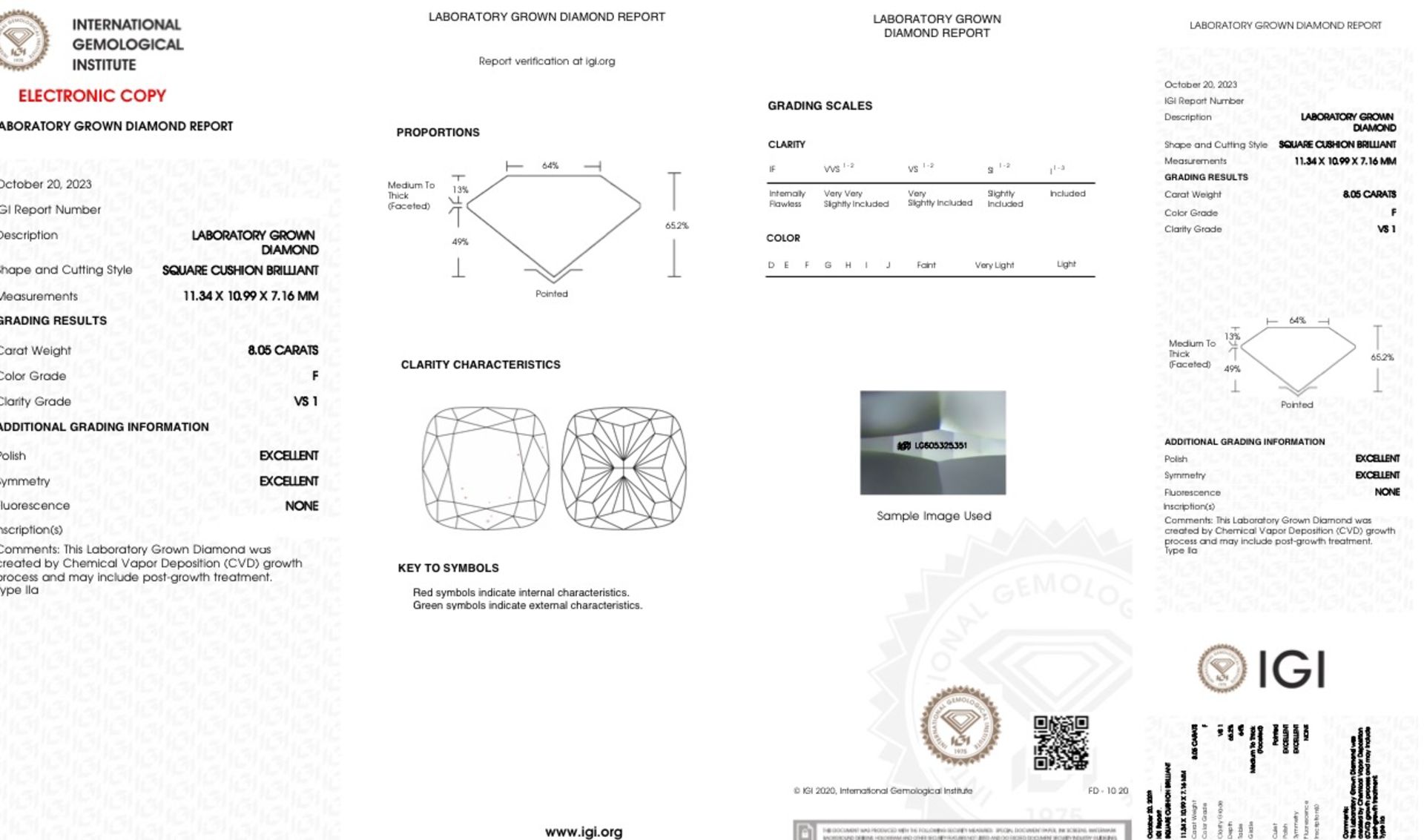 Cushion Brilliant Cut Diamond F Colour VS1 Clarity 8.05 Carat EX EX - IGI - Image 8 of 9