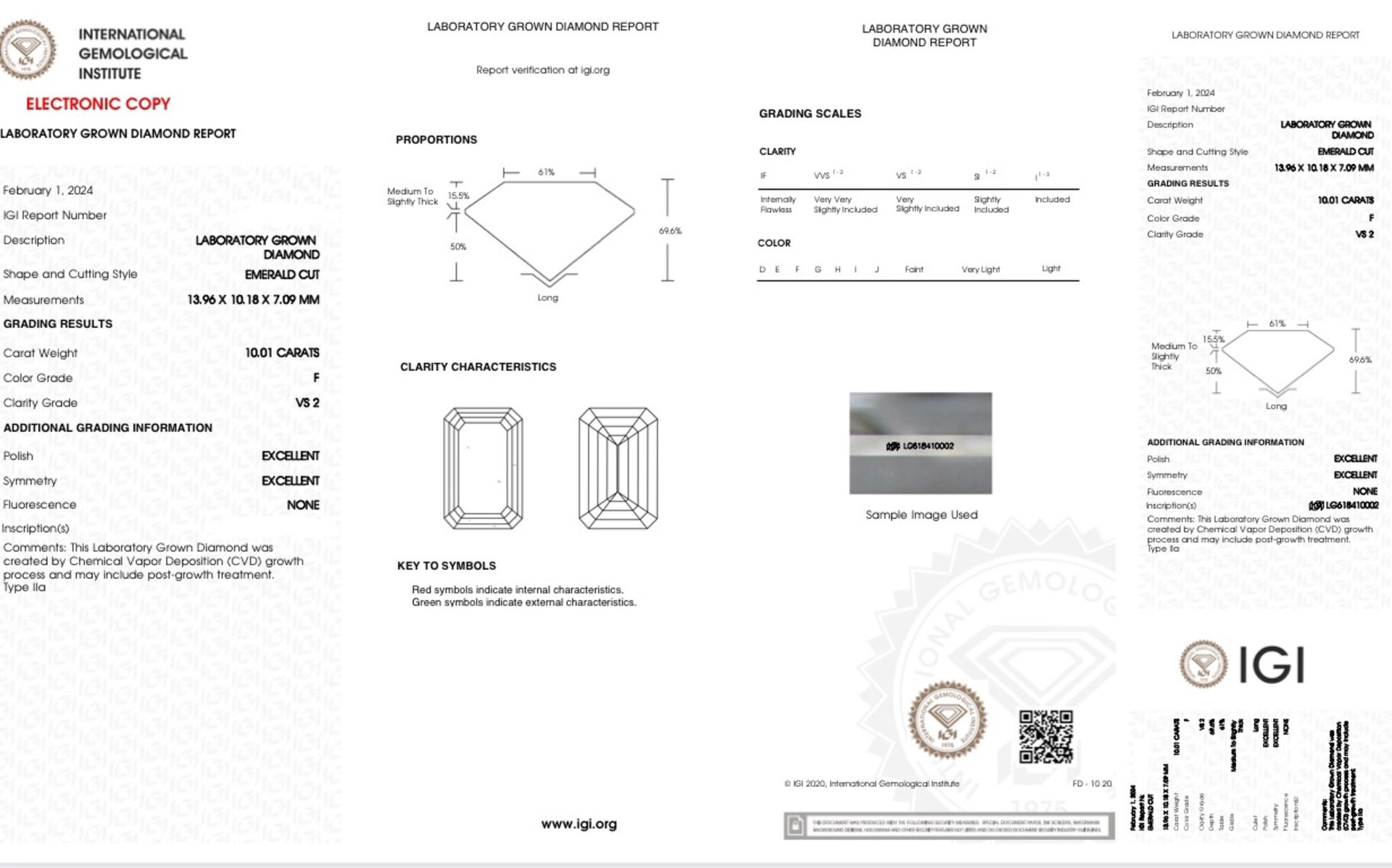 Emerald Cut Diamond F Colour VS2 Clarity 10.01 Carat EX EX - IGI - Bild 9 aus 10