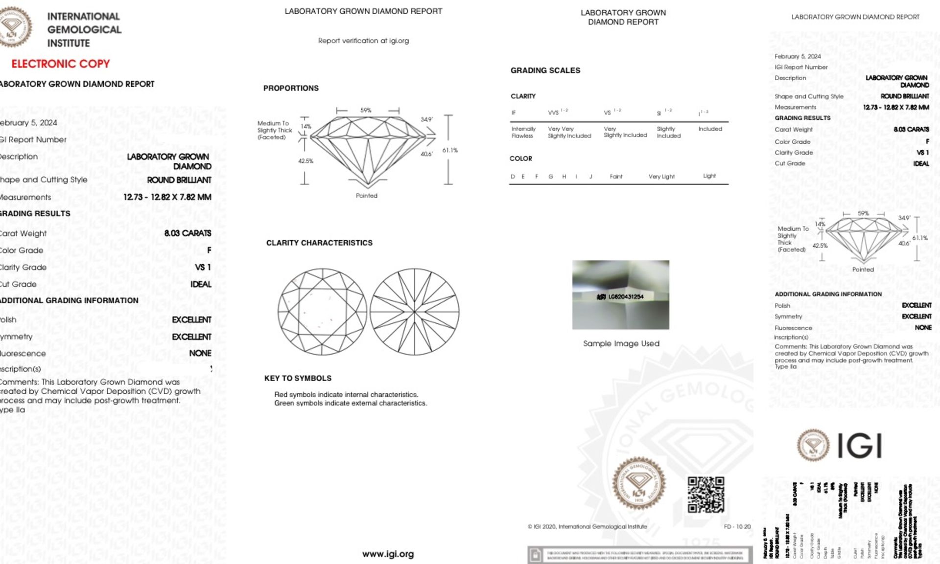 Round Brilliant Cut Diamond F Colour VS1 Clarity 08.03 Carat ID EX EX - IGI - Bild 7 aus 8