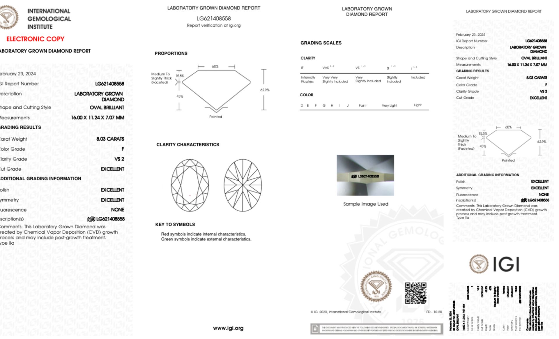 Oval Cut Diamond F Colour VS2 Clarity 8.03 Carat EX EX - IGI - Bild 7 aus 8