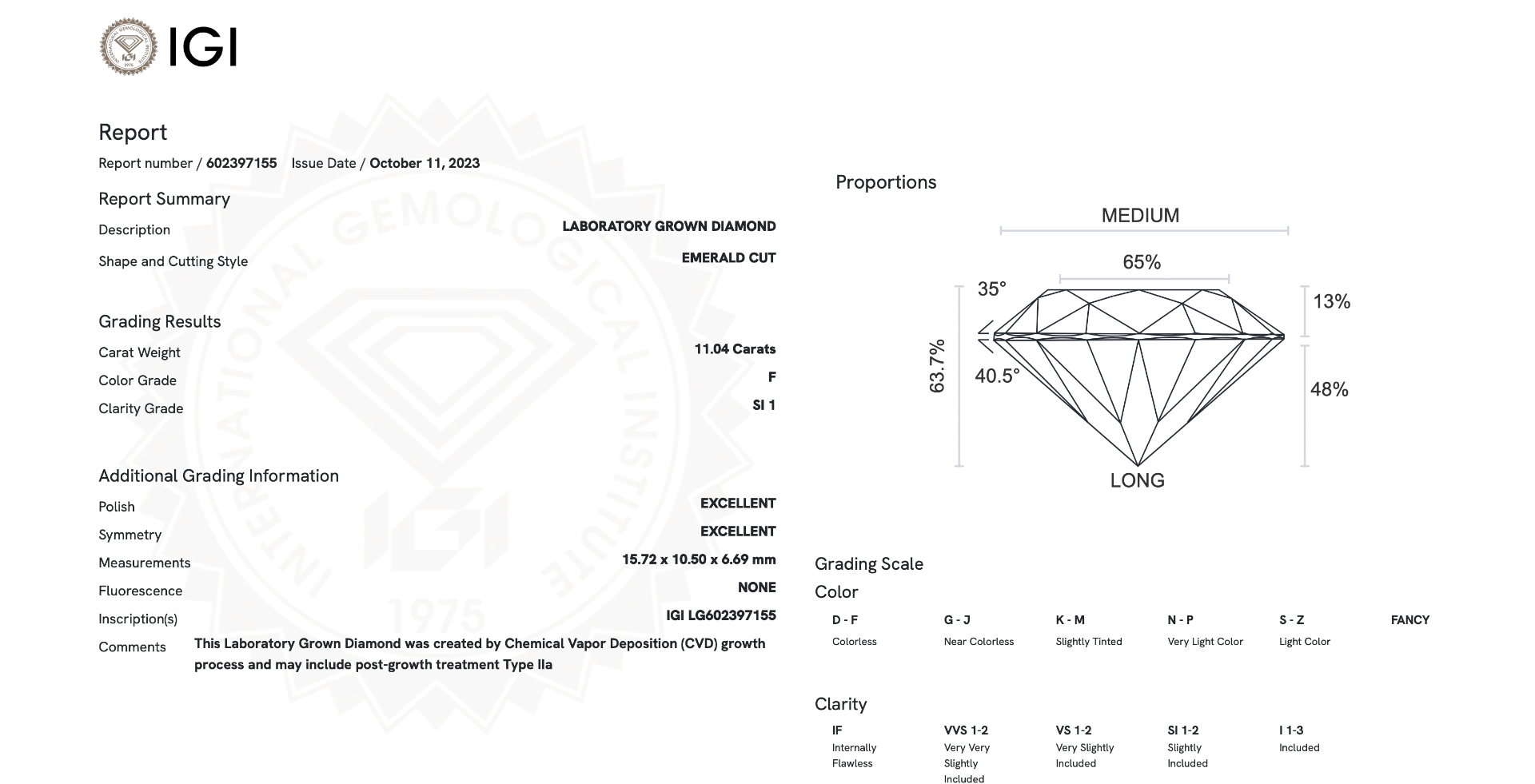 Emerald Cut Diamond F Colour SI1 Clarity 11.04 Carat EX EX - IGI - Image 7 of 8