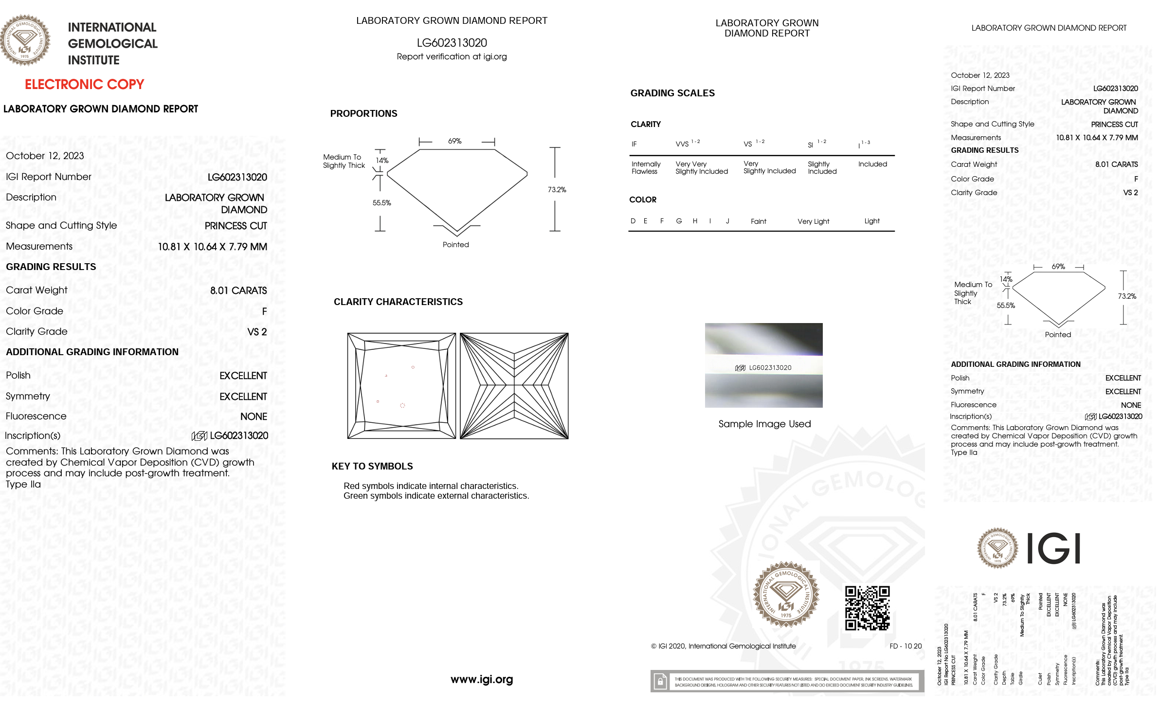 Princess Cut Diamond F Colour VS2 Clarity 8.01 Carat EX EX IGI - Image 8 of 9