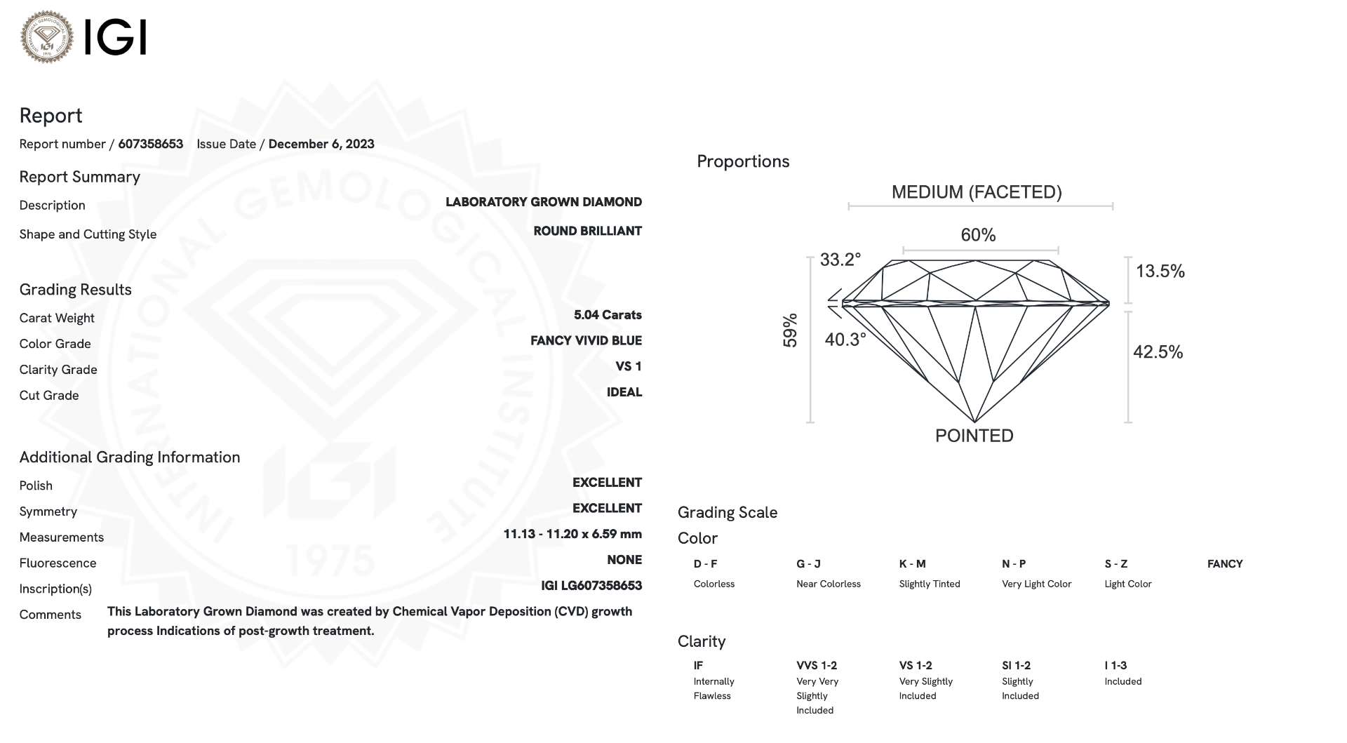 Round Brilliant Cut Diamond 5.04 Carat Fancy Blue Colour VS1 Clarity Ideal EX EX - IGI Certificate - Image 7 of 8