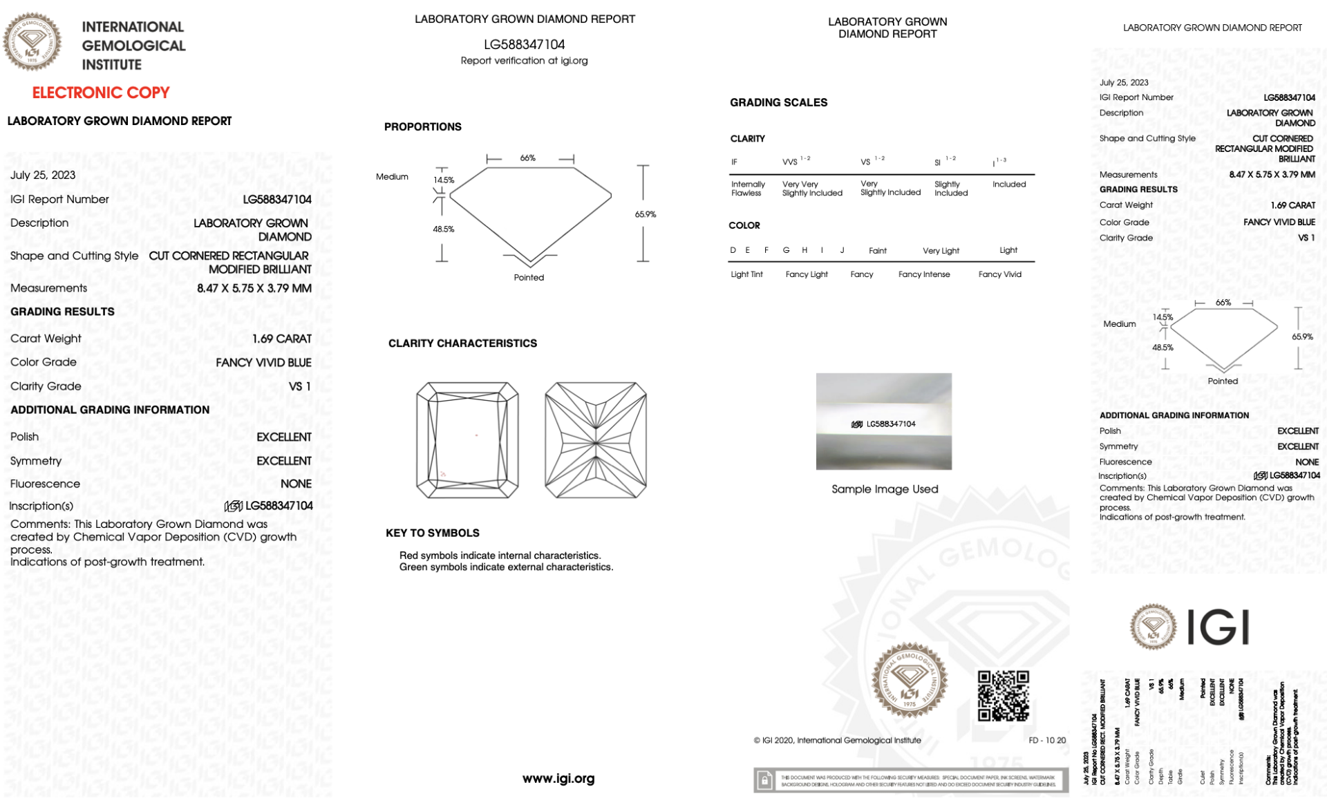 Radiant Cut Diamond Fancy Blue Colour VS1 Clarity 1.69 Carat EX EX - LG588347104 - IGI - Image 7 of 7