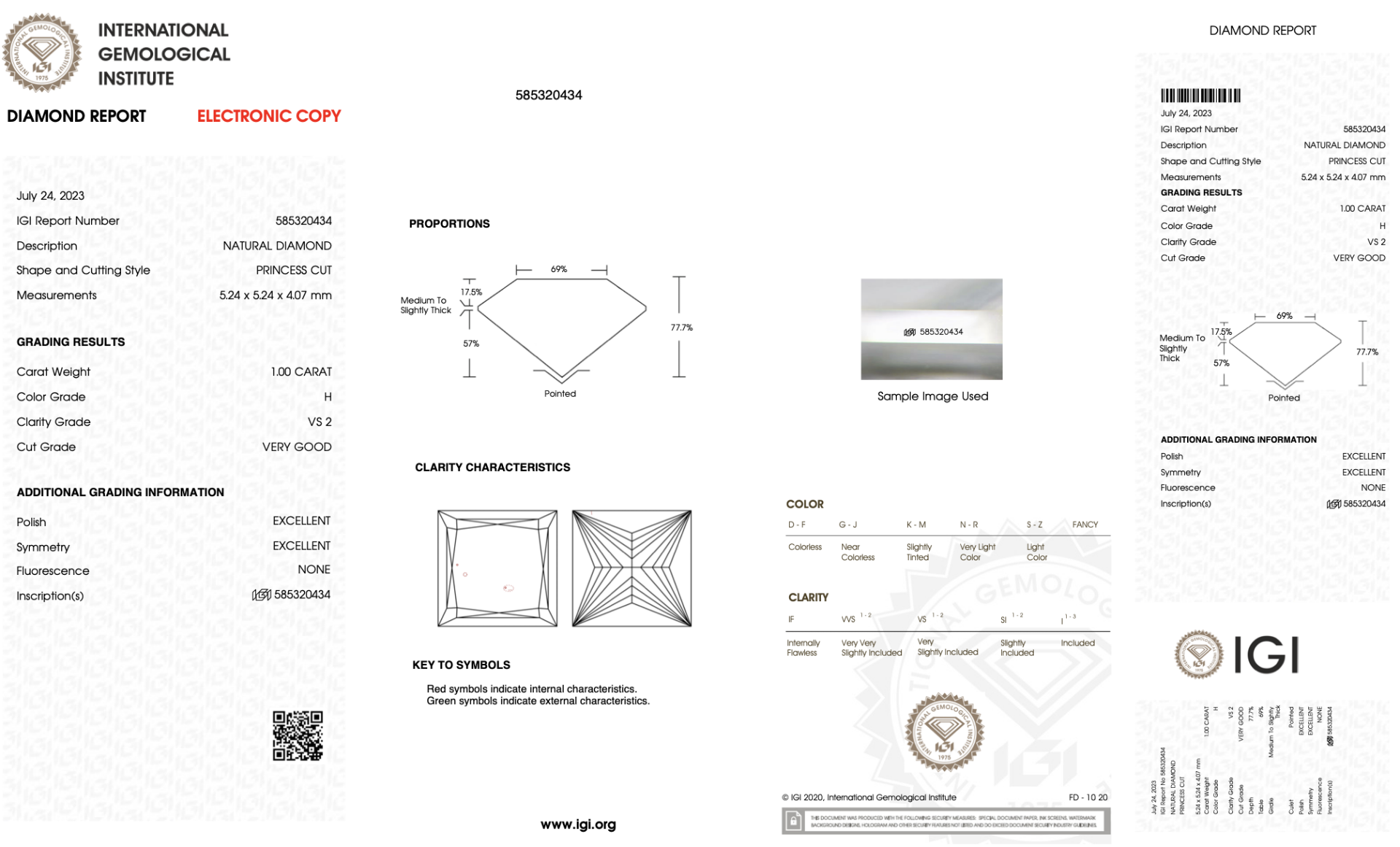 Princess Cut Natural Diamond Ring 1.00 Carat H Colour VS2 Clarity EX EX - IGI - Image 8 of 8